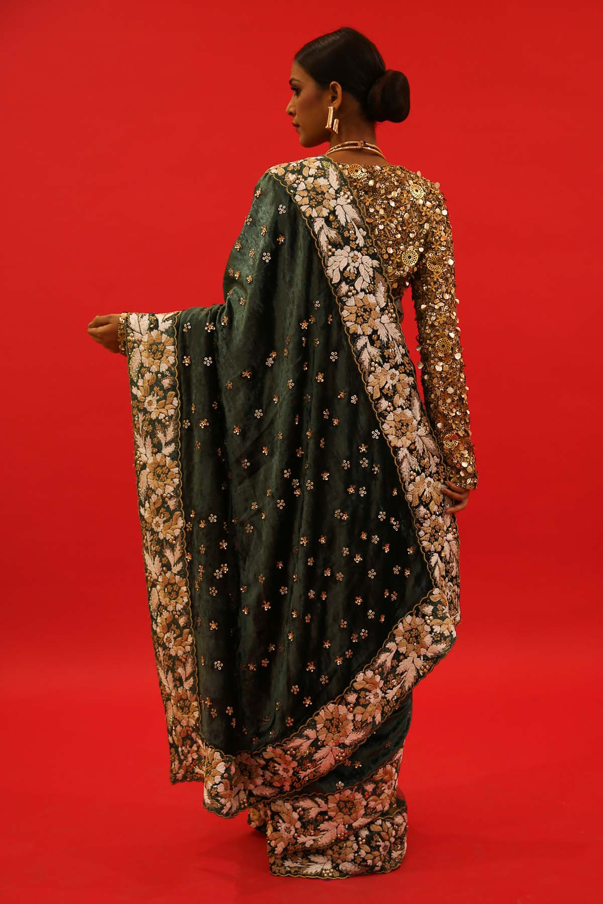 Green Embroidered Velvet Saree Set