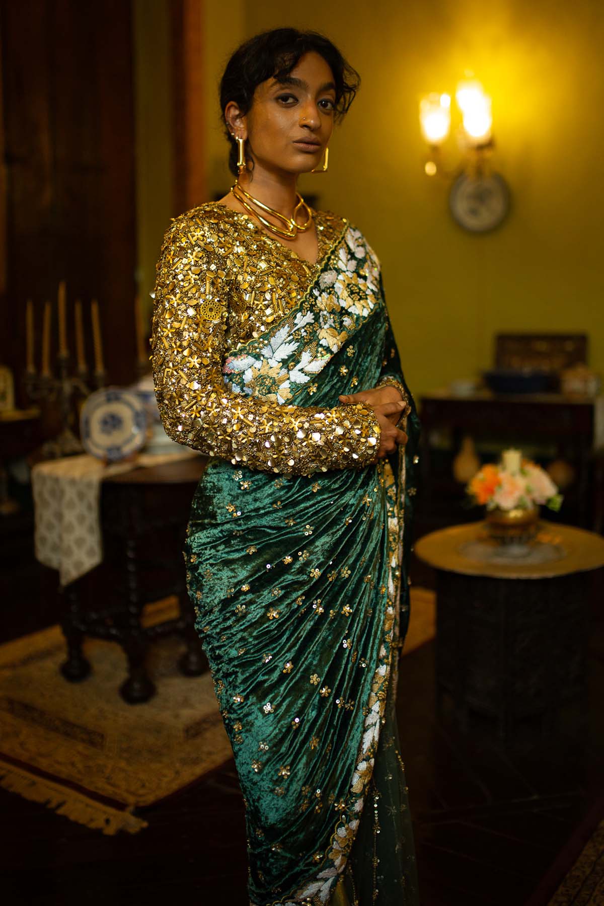 Green Embroidered Velvet Saree Set