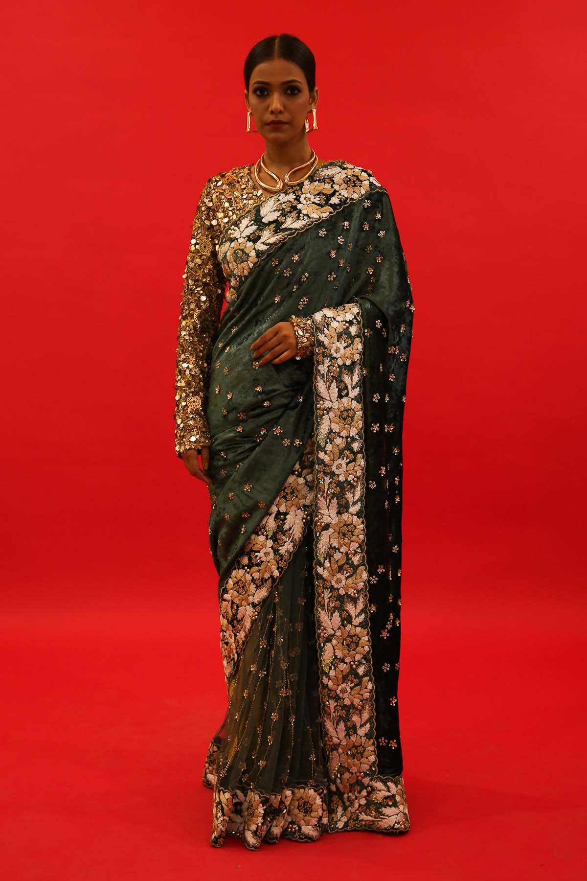 Green Embroidered Velvet Saree Set