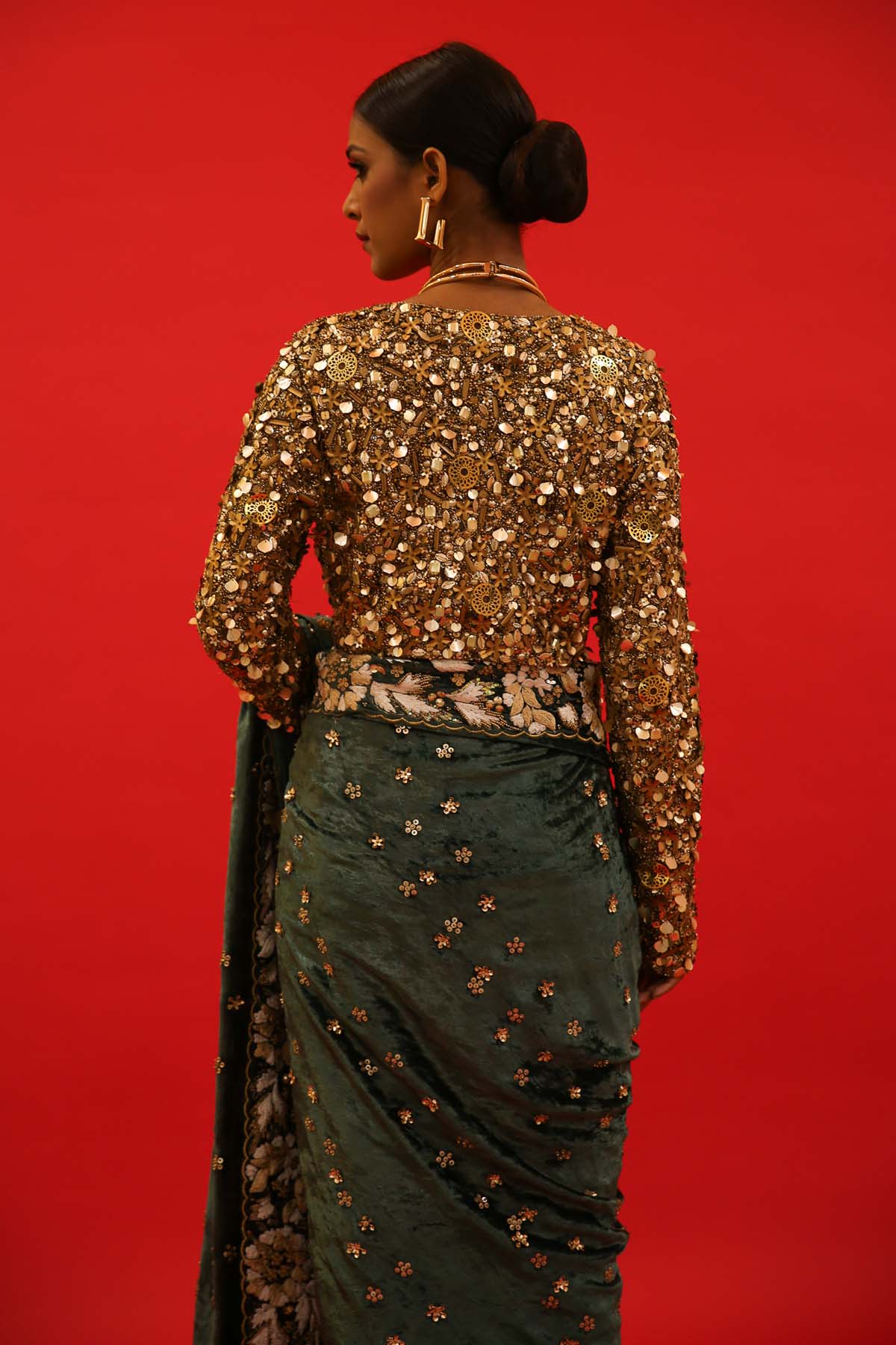 Green Embroidered Velvet Saree Set