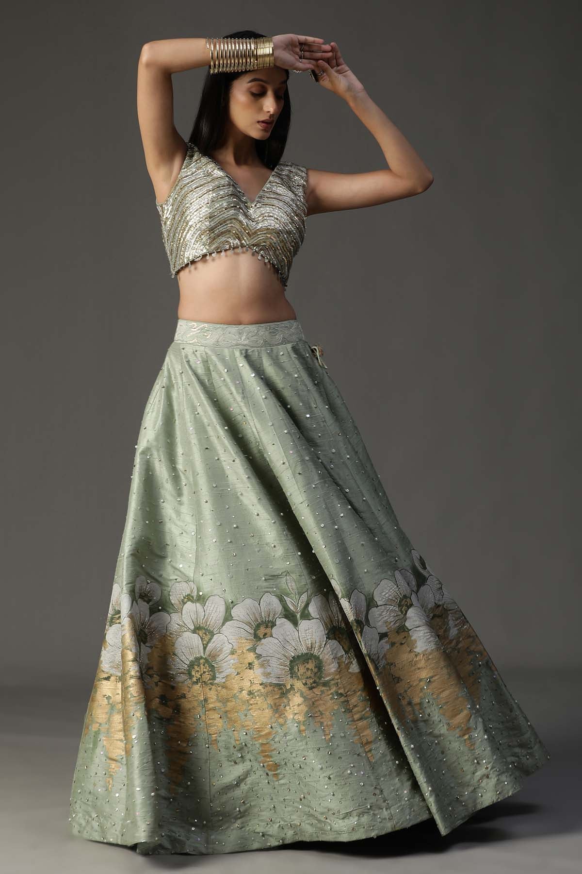 Green Floral Handpainted Lehenga Set
