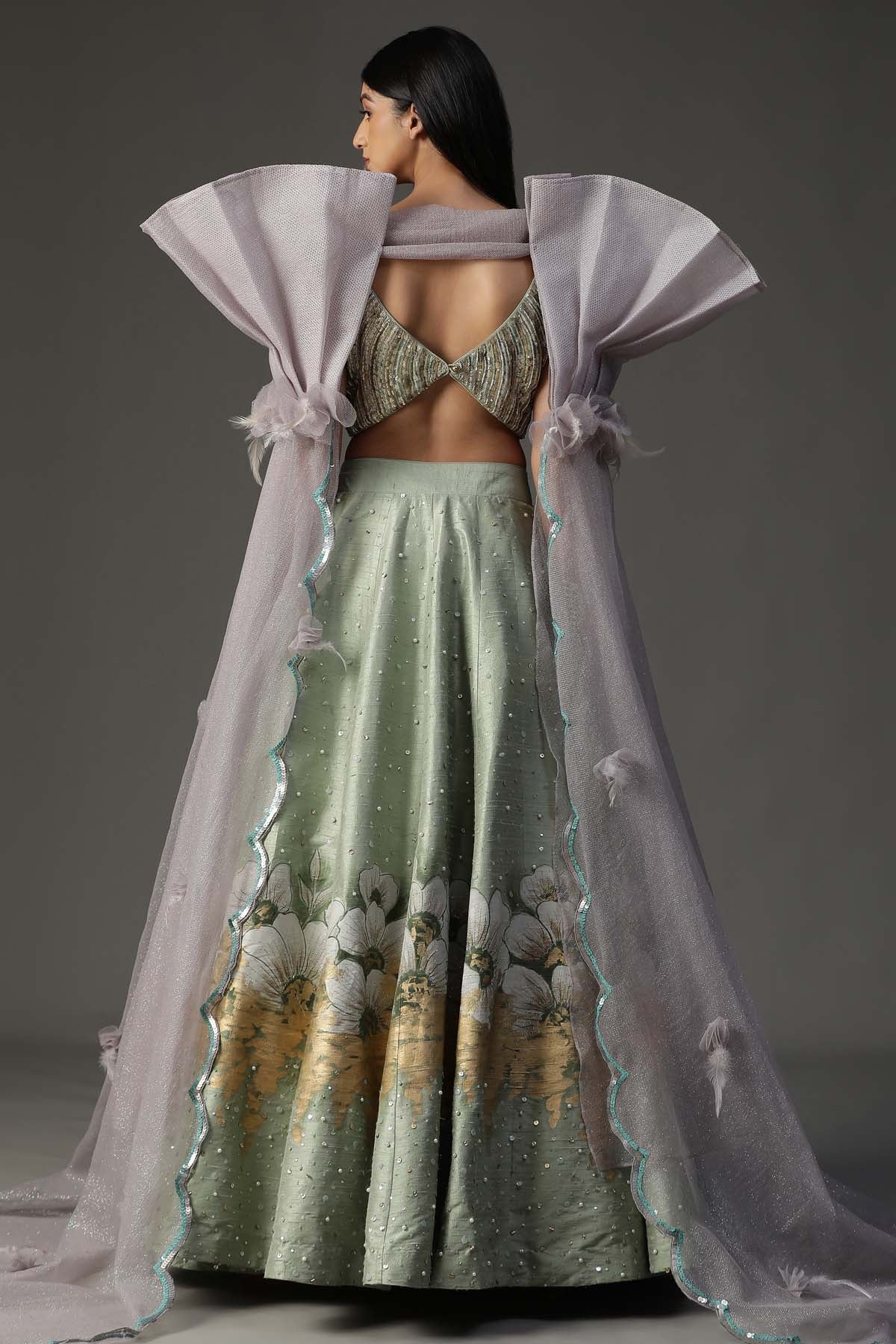 Green Floral Handpainted Lehenga Set