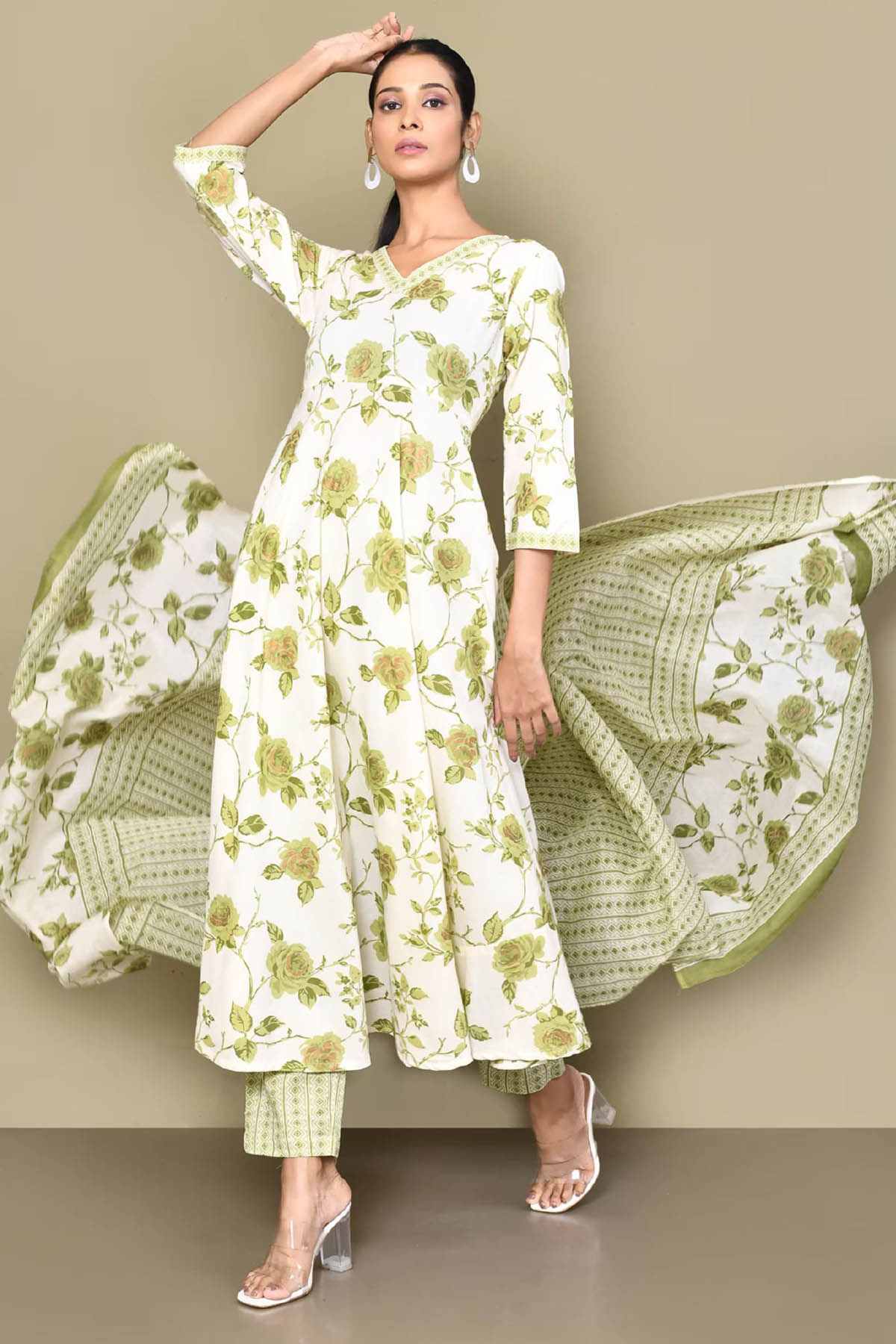 Green Floral Print Kurta Set