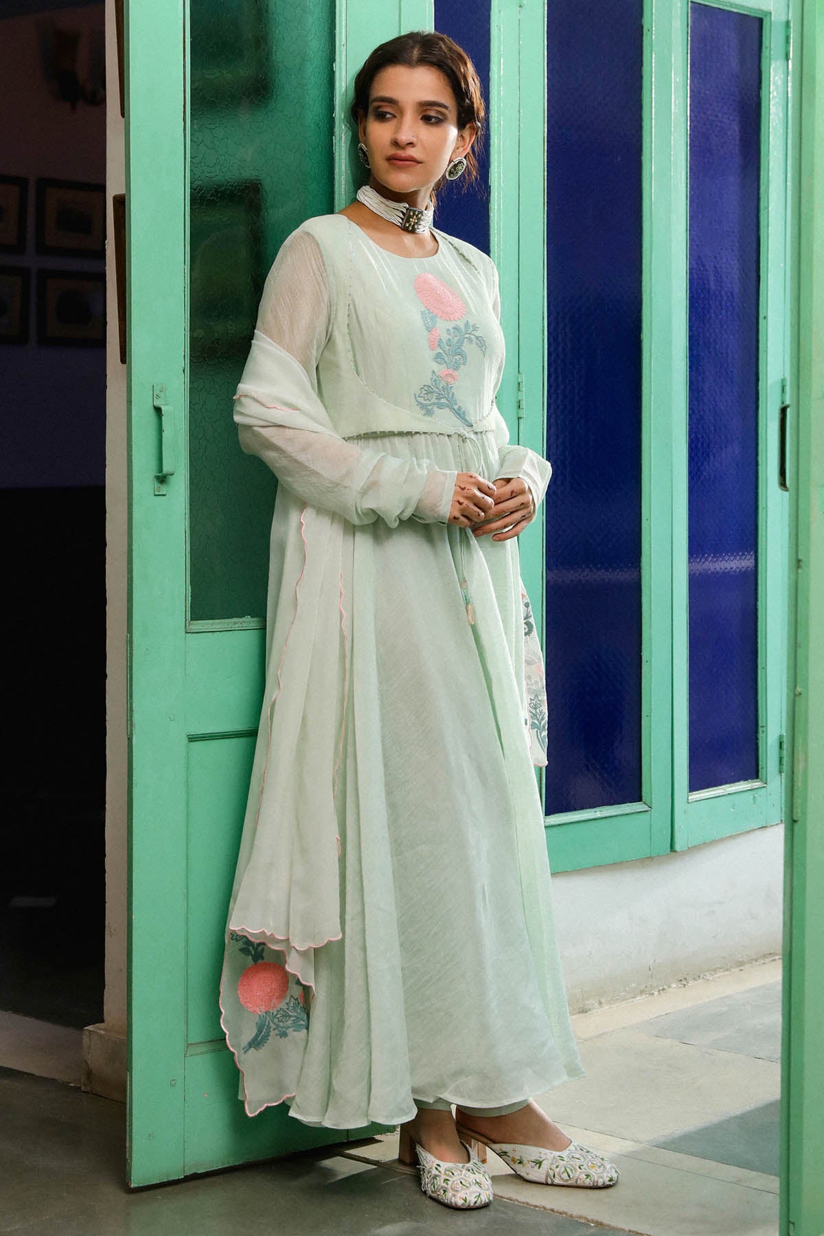 Green Floral Resham Kurta Set