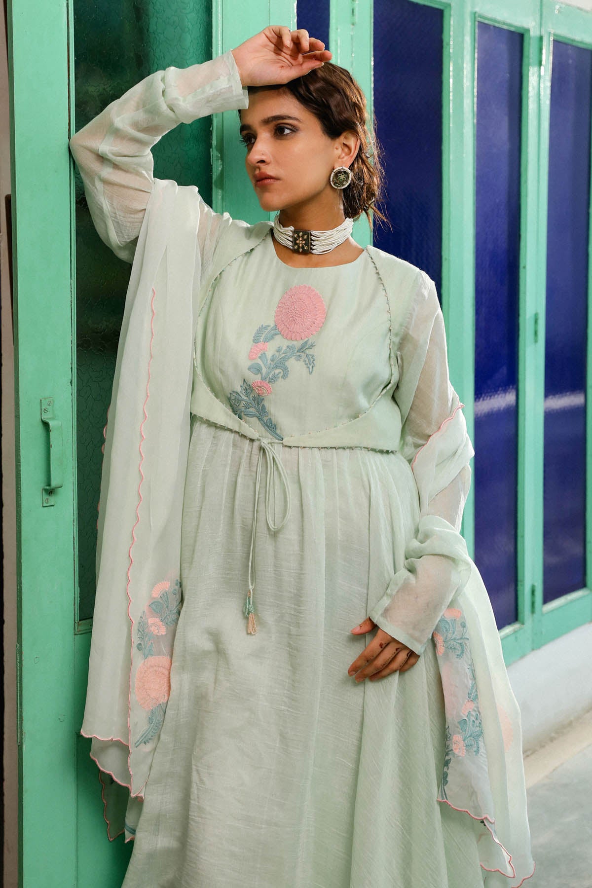 Green Floral Resham Kurta Set