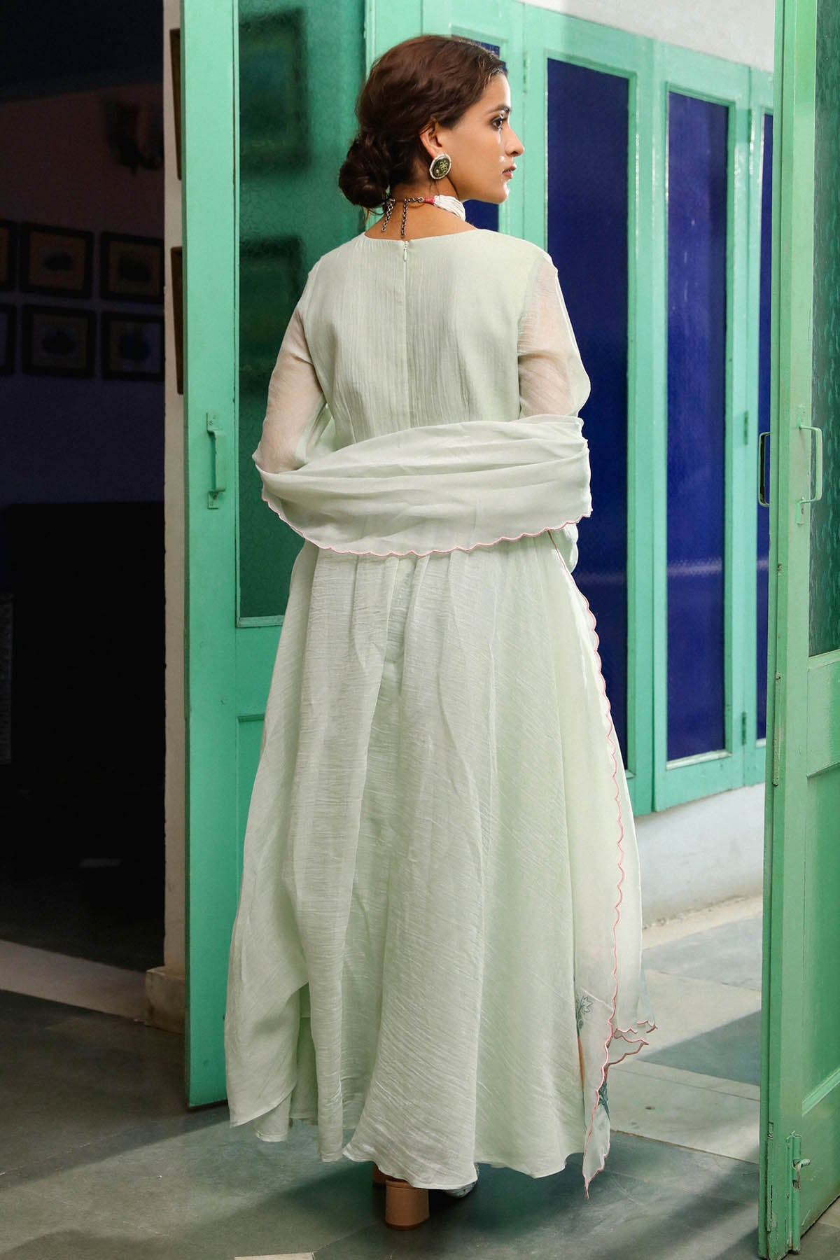 Green Floral Resham Kurta Set