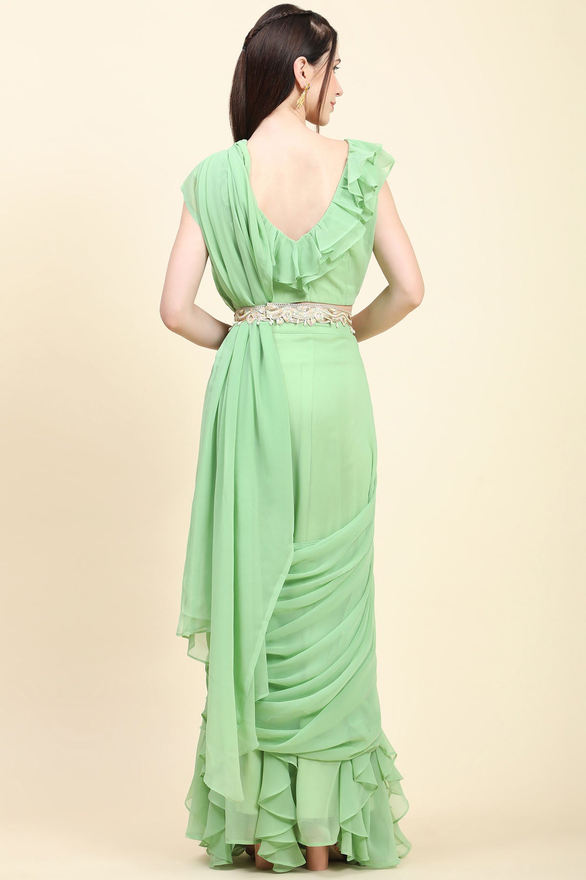 Green Georgette Ruffle Saree