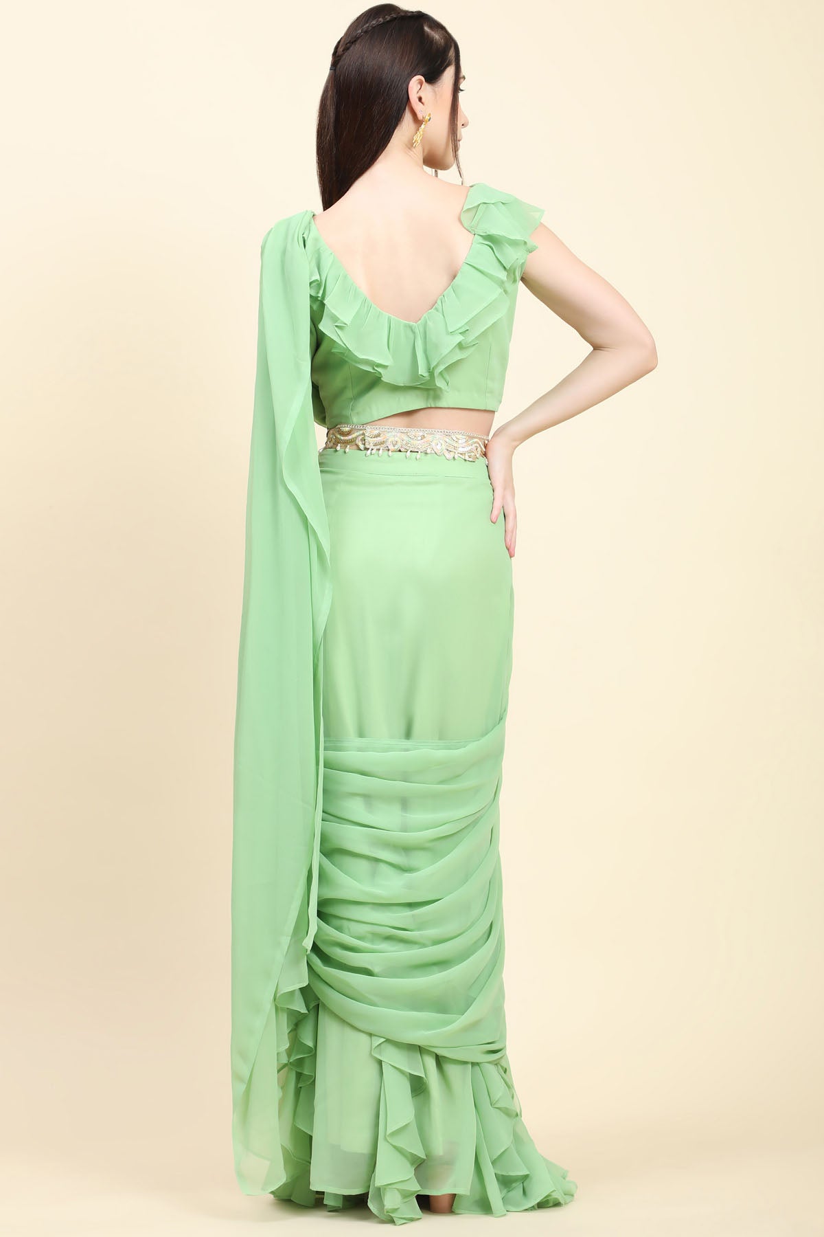 Green Georgette Ruffle Saree