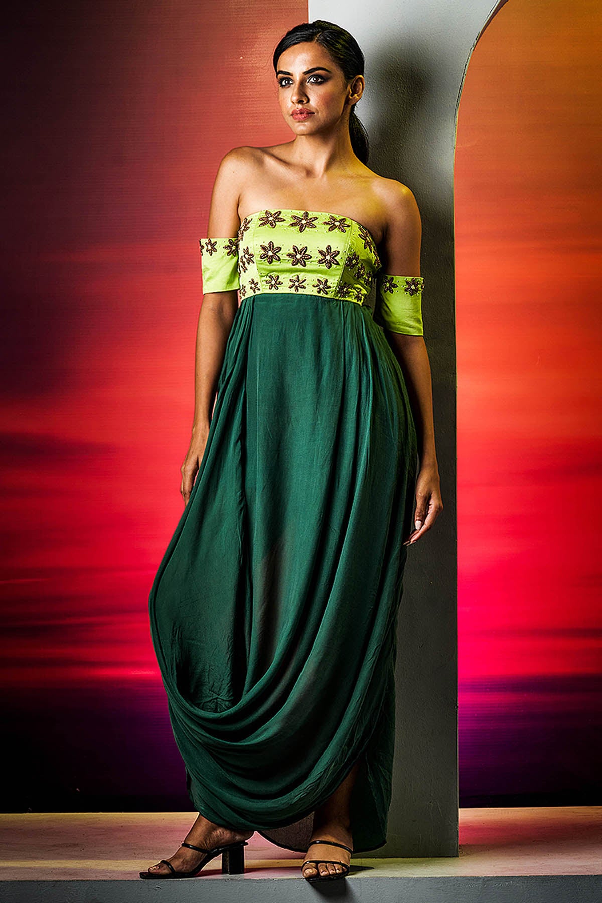 Buy Ricka Gauba Green Indo-Western Drape Dress For Women Available online at ScrollnShops Green / XL Buy Ricka Gauba Green Indo-Western Drape Dress For Women Available online at ScrollnShops Green / XL