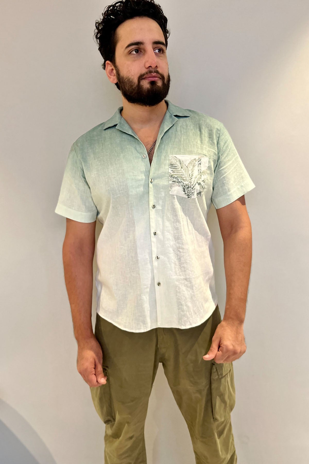 Green Leaf Print Linen Shirt