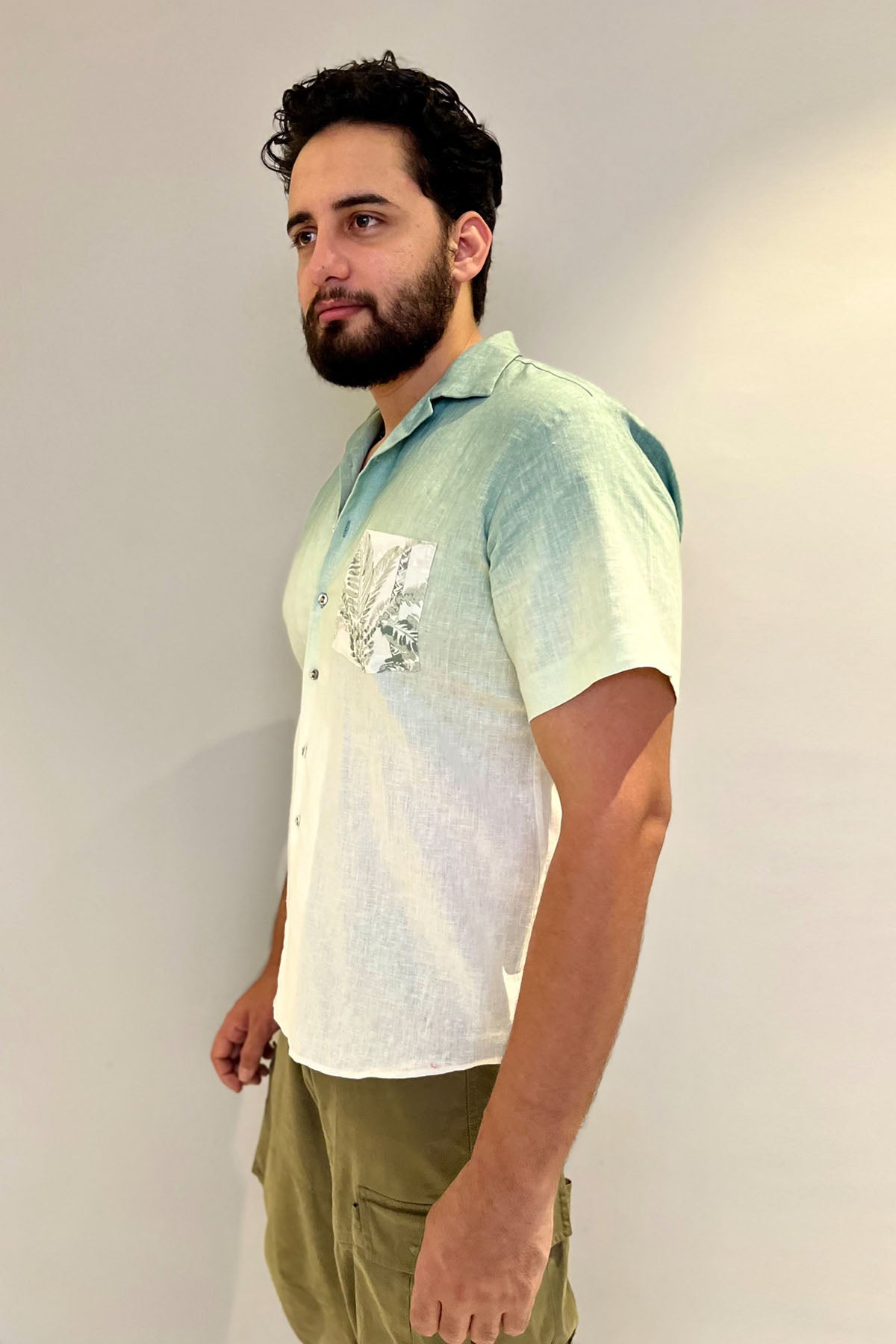 Green Leaf Print Linen Shirt