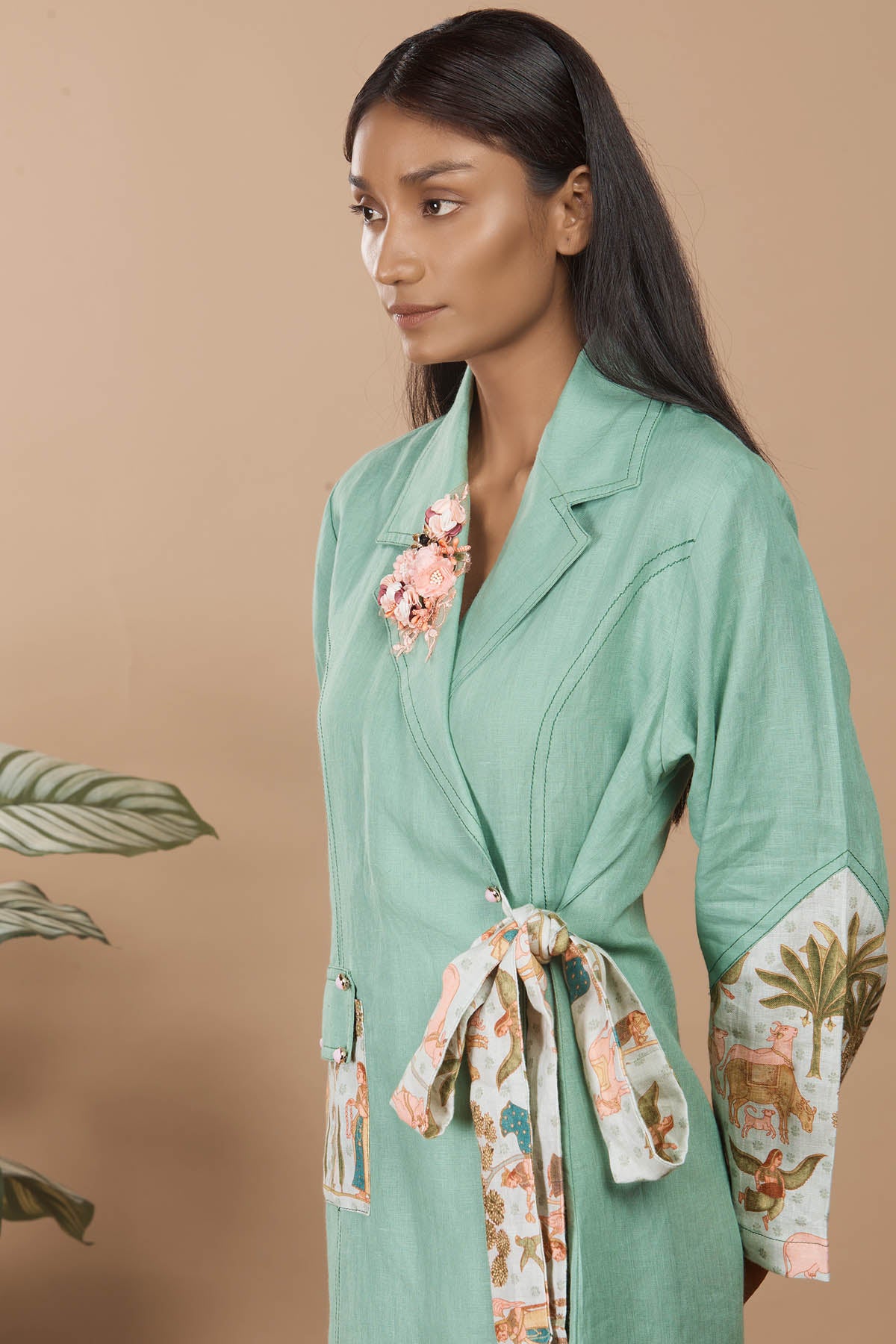 Green Linen Knot Trench Coat