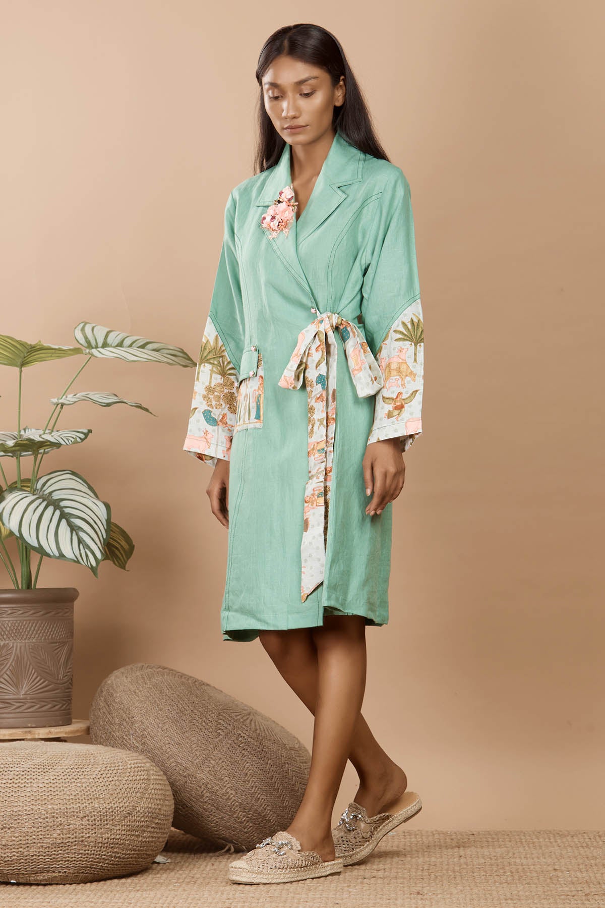 Green Linen Knot Trench Coat