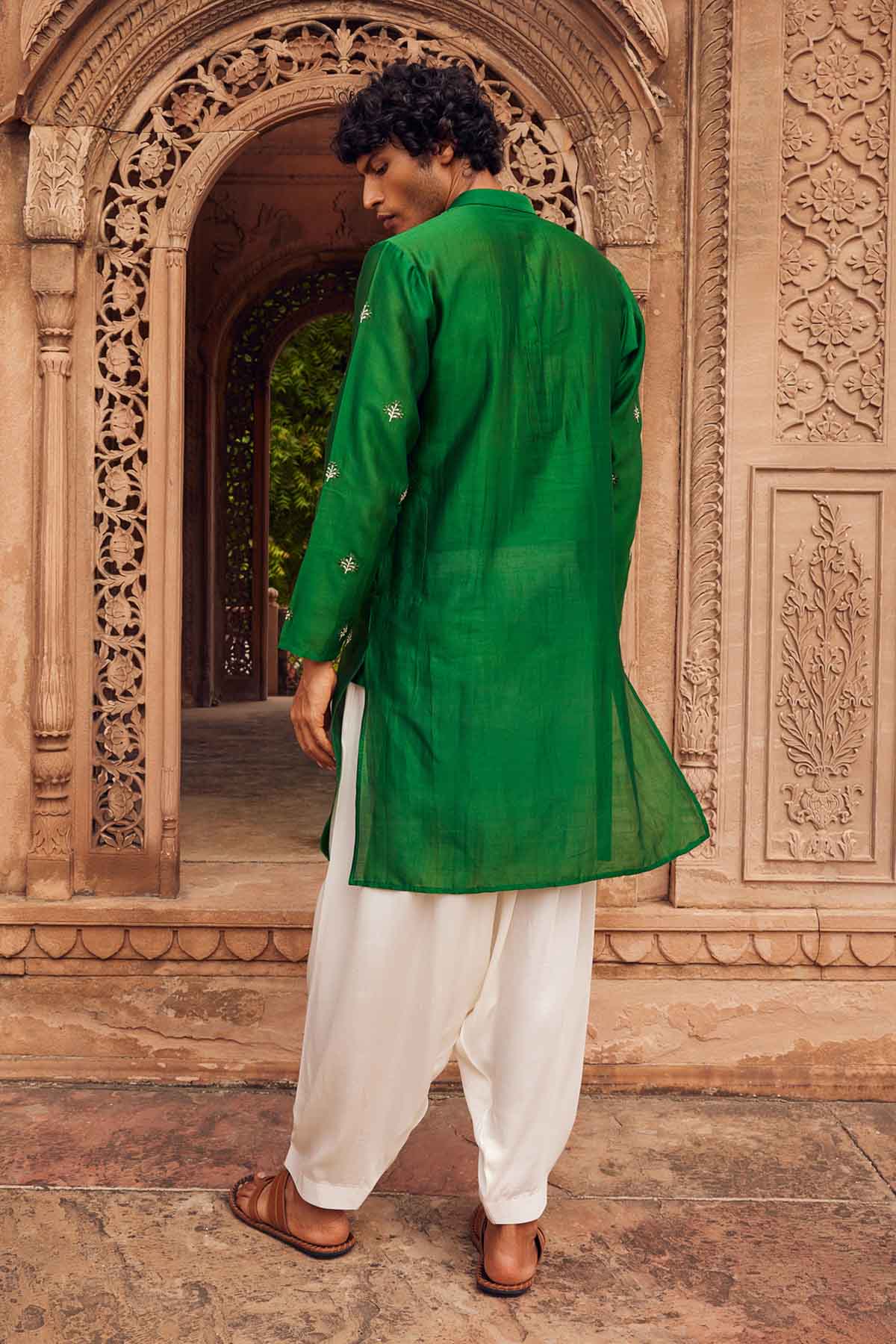 Green Mandarin Collar Kurta Set