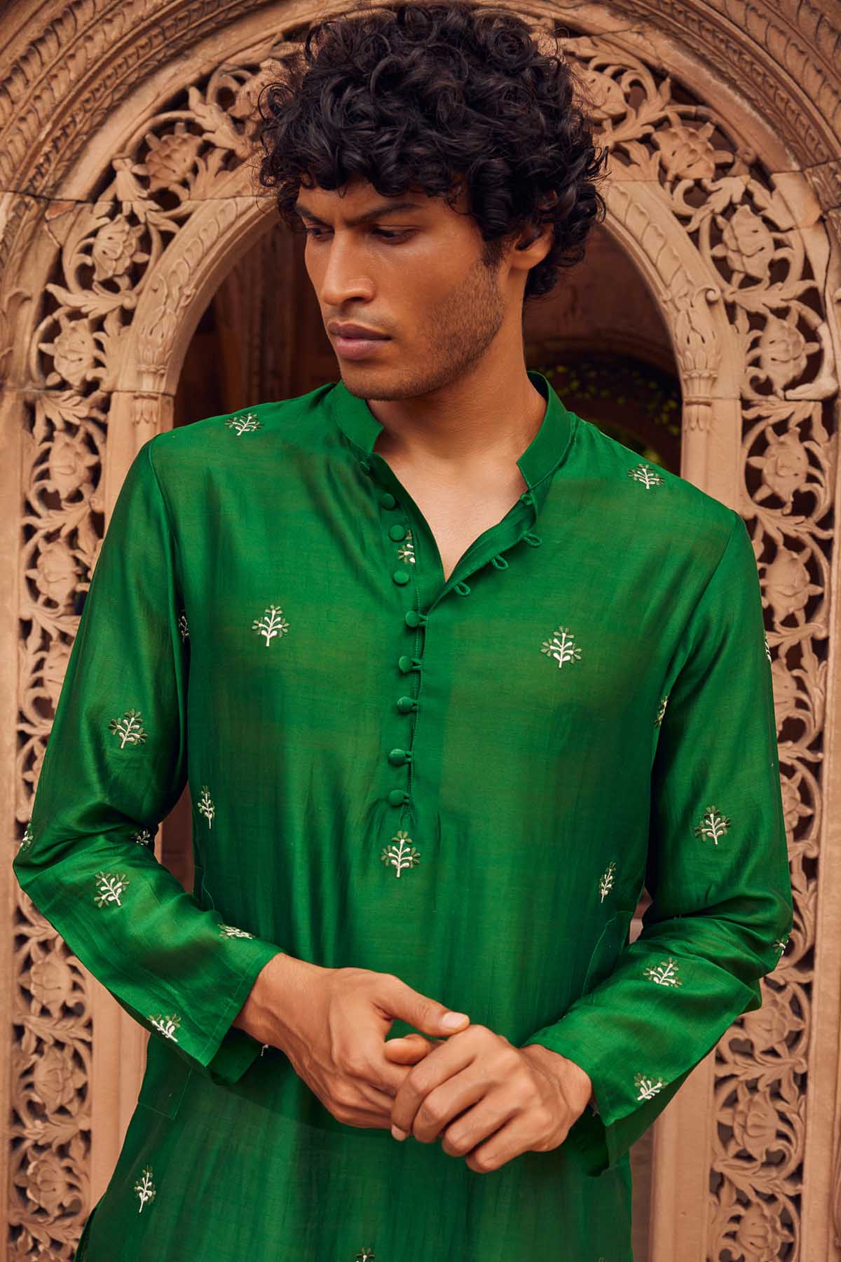Green Mandarin Collar Kurta Set