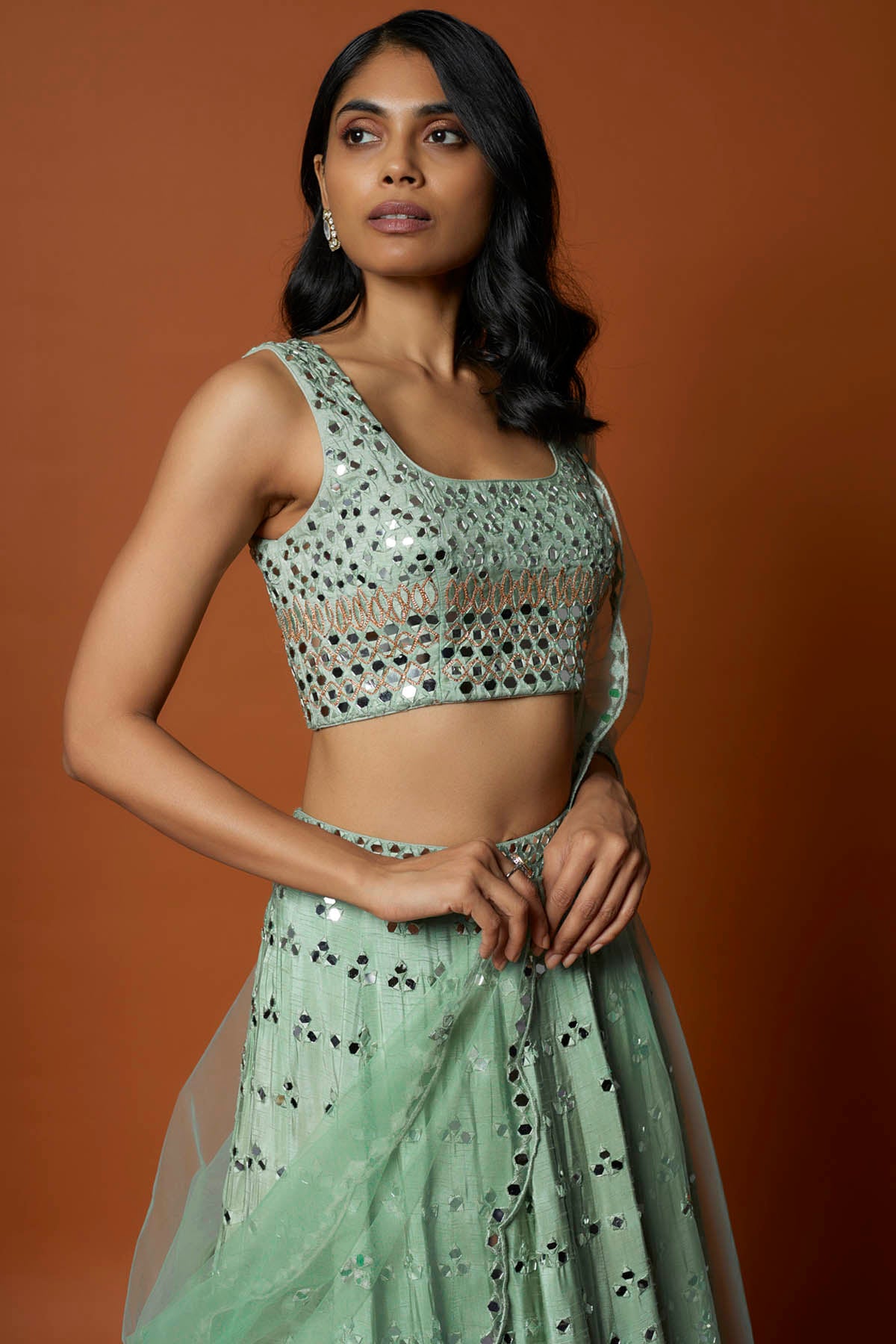 Green Mirror Work Lehenga Set
