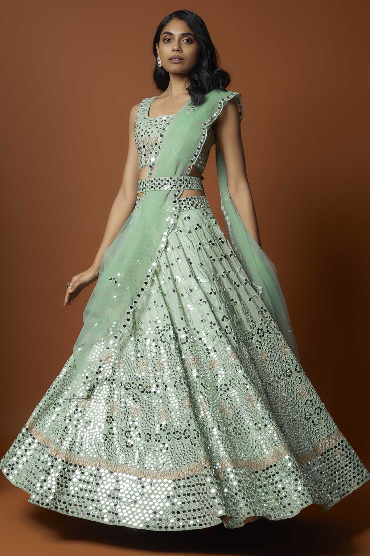 Green Mirror Work Lehenga Set