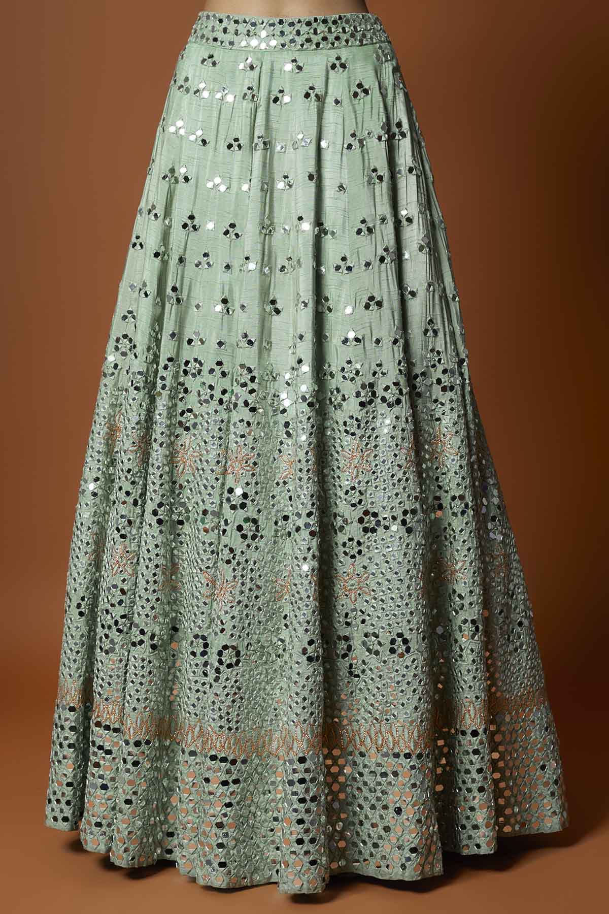 Green Mirror Work Lehenga Set