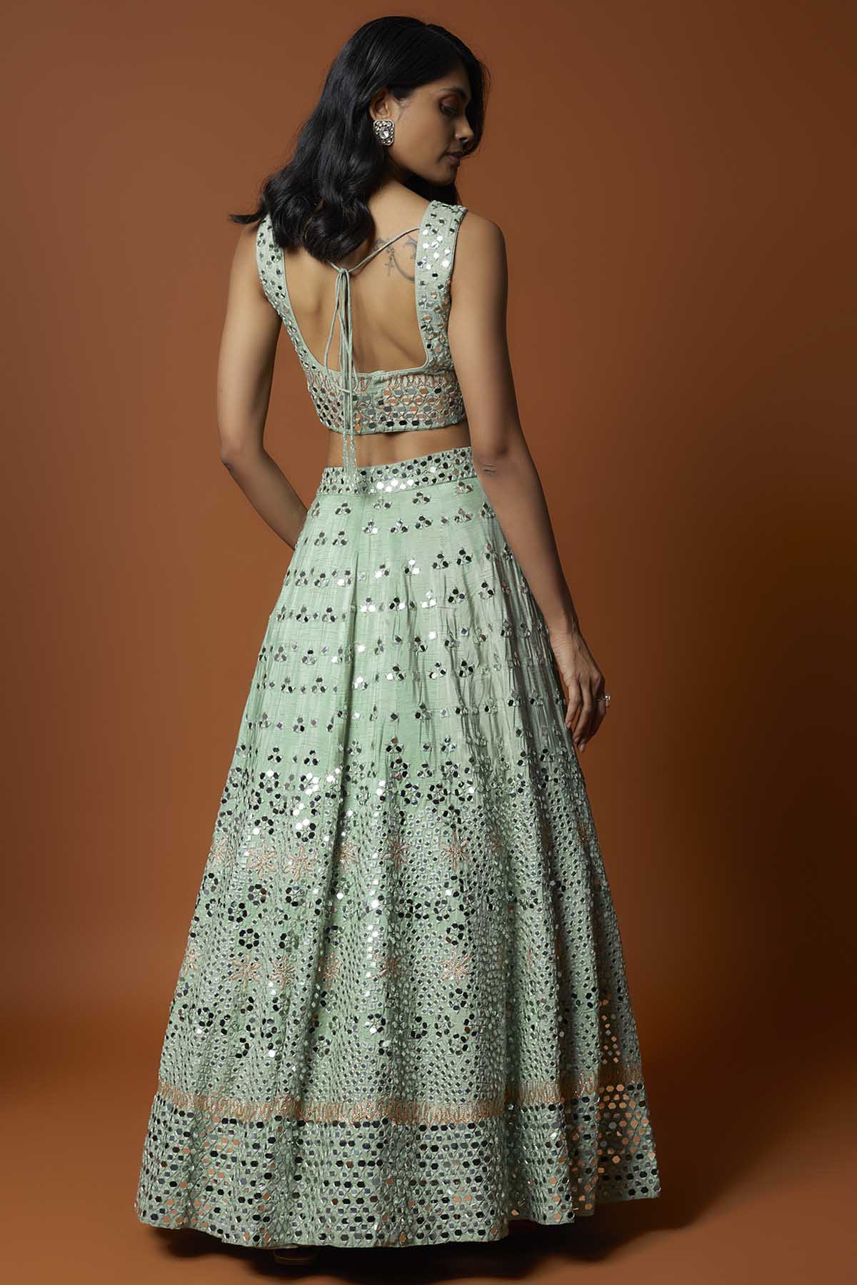 Green Mirror Work Lehenga Set