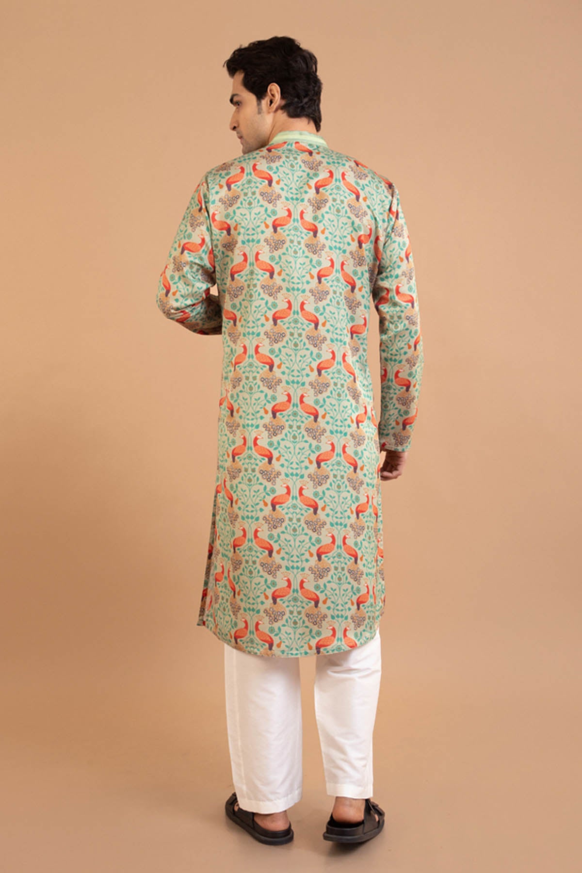 Green Peacock Print Kurta Set