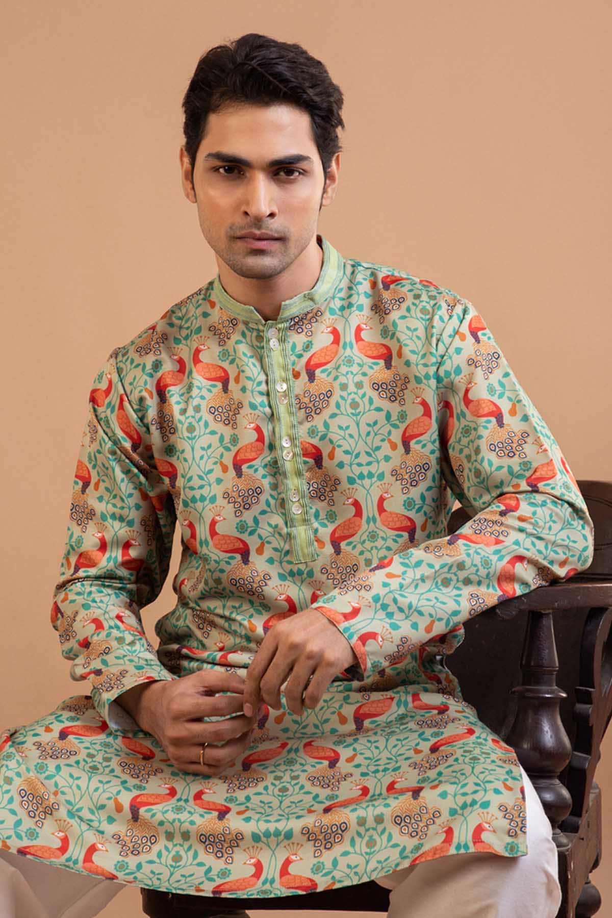 Green Peacock Print Kurta Set