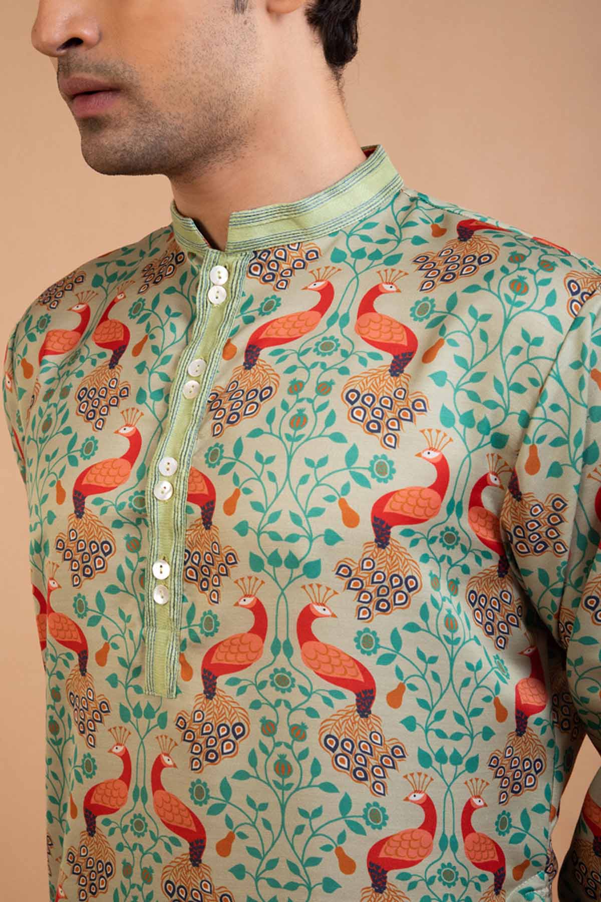 Green Peacock Print Kurta Set