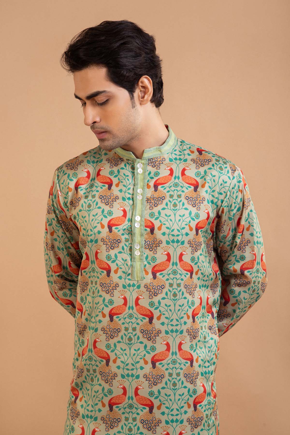 Green Peacock Print Kurta Set