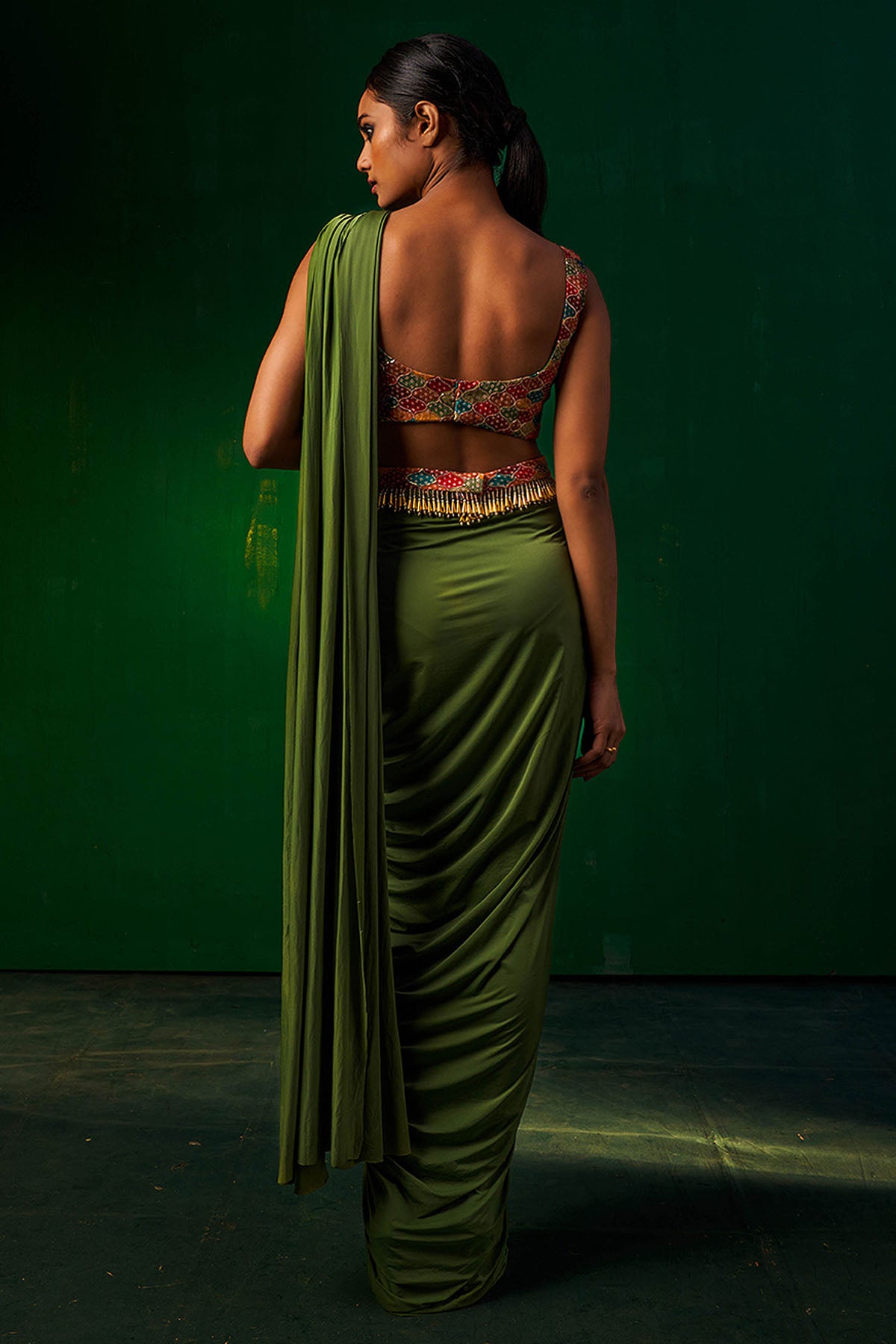 Green Pre-Drape Saree & Blouse