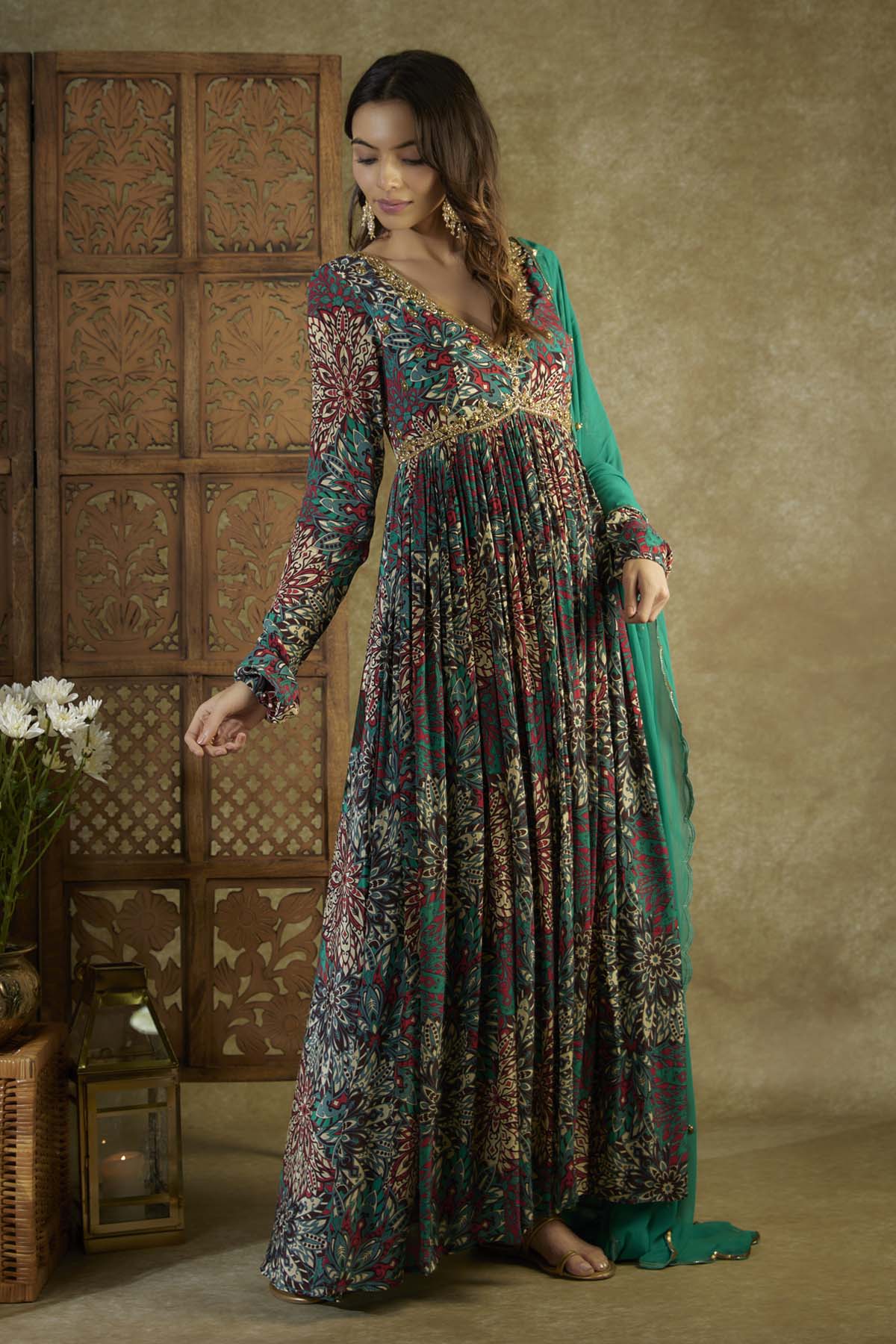Green Printed Embroidered Anarkali