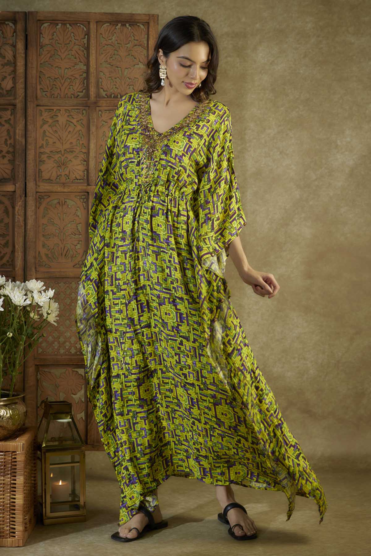 Green Printed Embroidered Kaftan