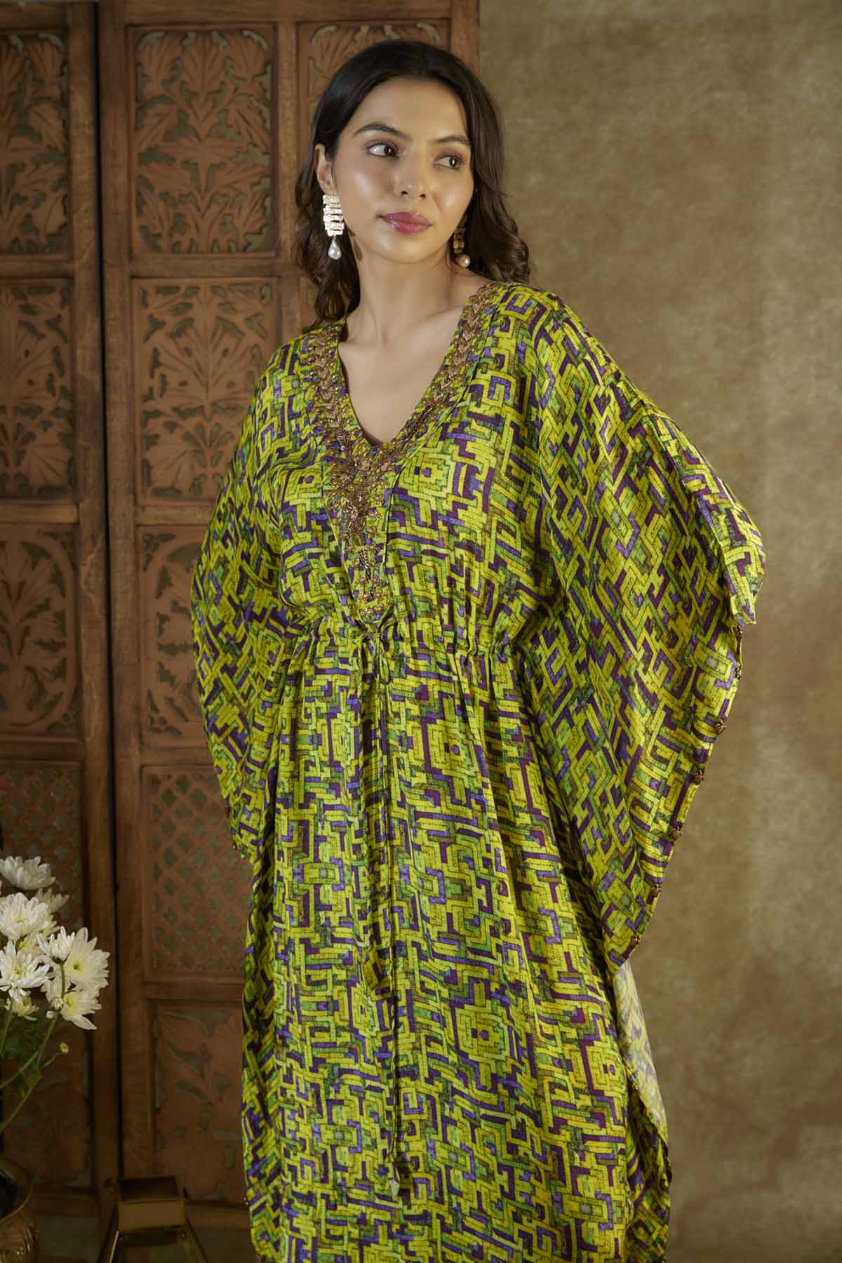 Green Printed Embroidered Kaftan