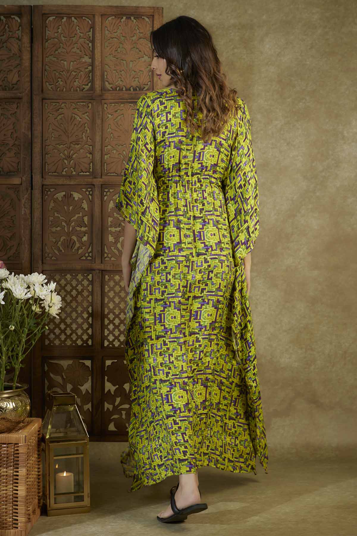 Green Printed Embroidered Kaftan