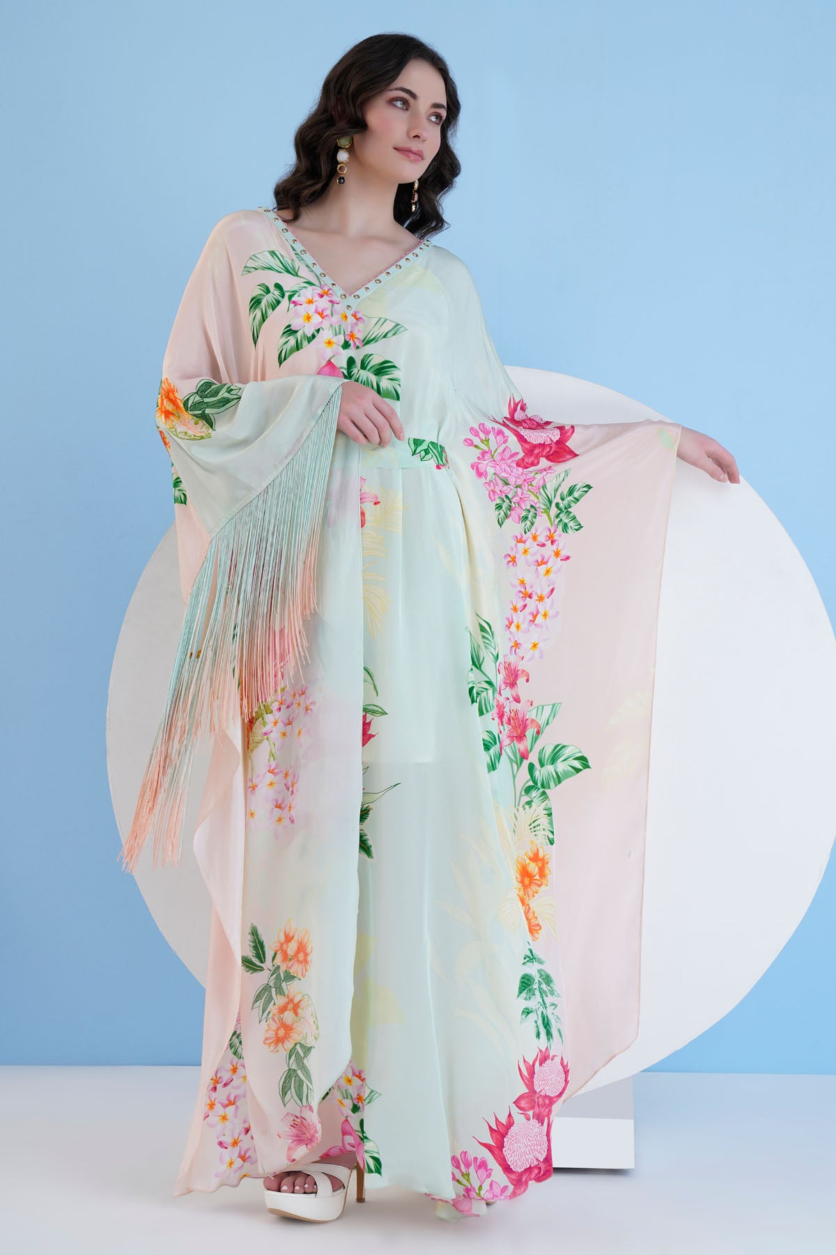 Green Printed Fringe Kaftan