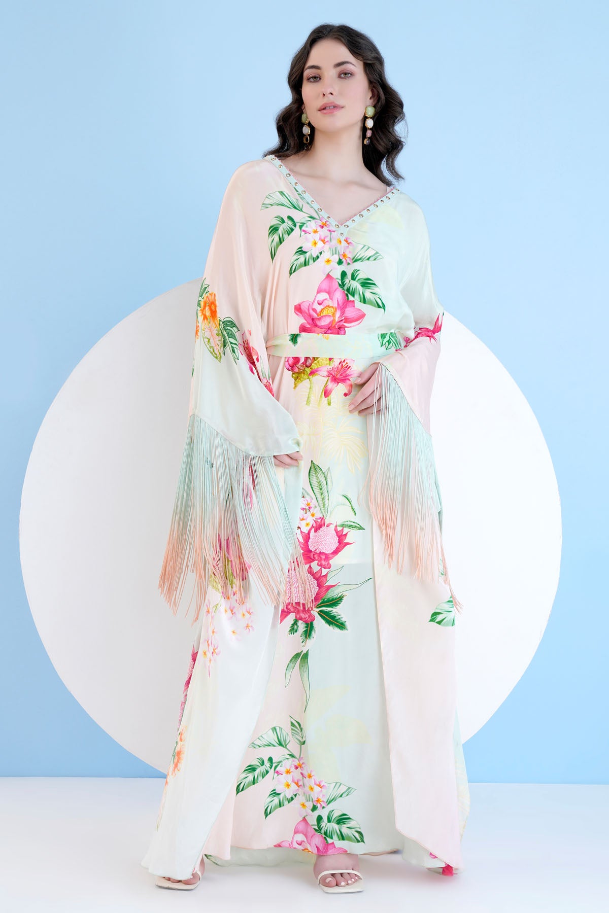 Buy Green Printed Fringe Kaftan by Mandira Wirk