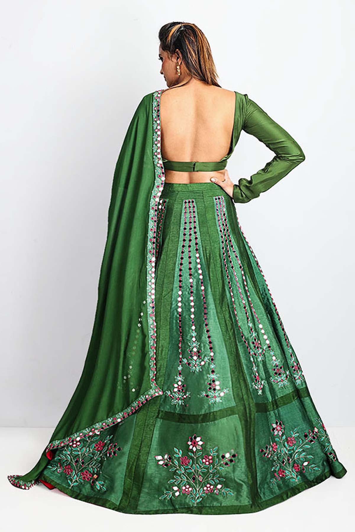 Green Raw Silk Lehenga Set