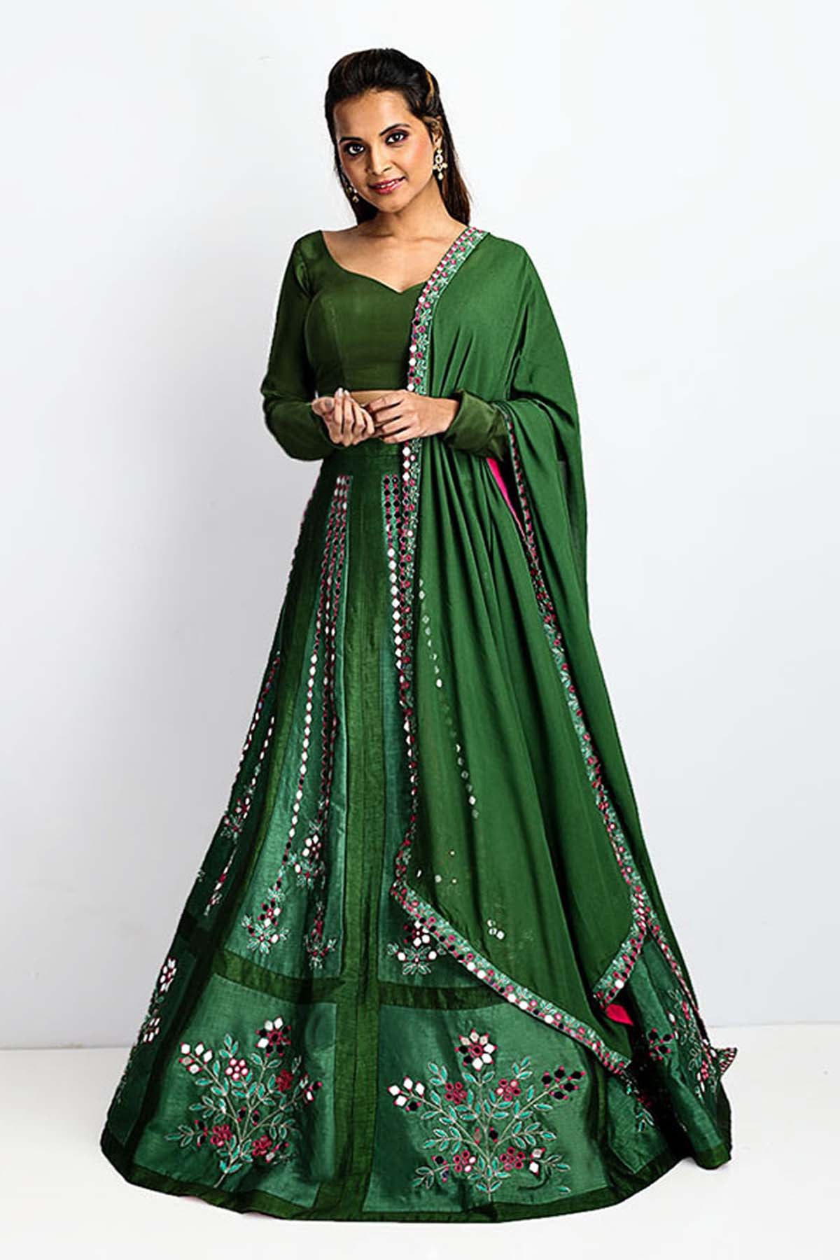 Green Raw Silk Lehenga Set