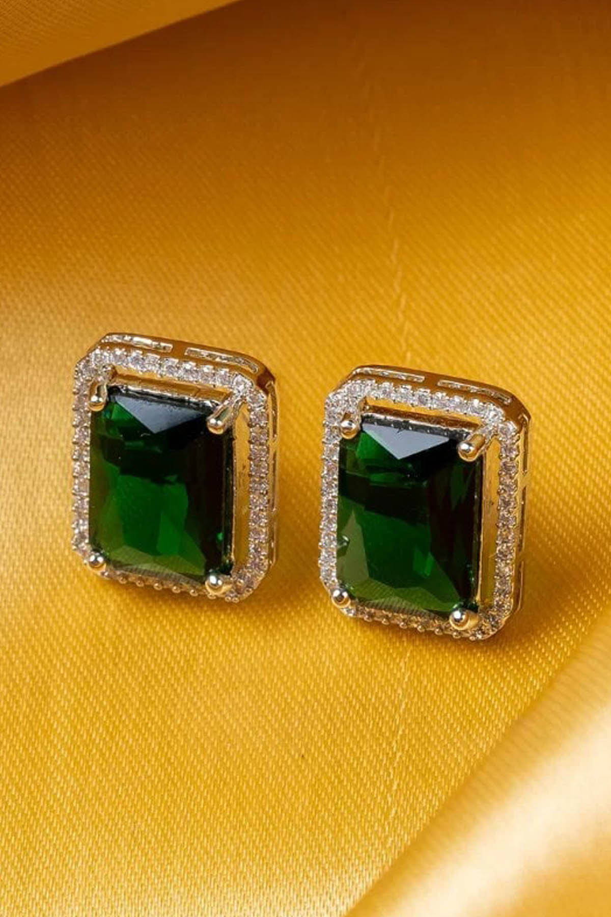 Green Rectangle Diamond Studs