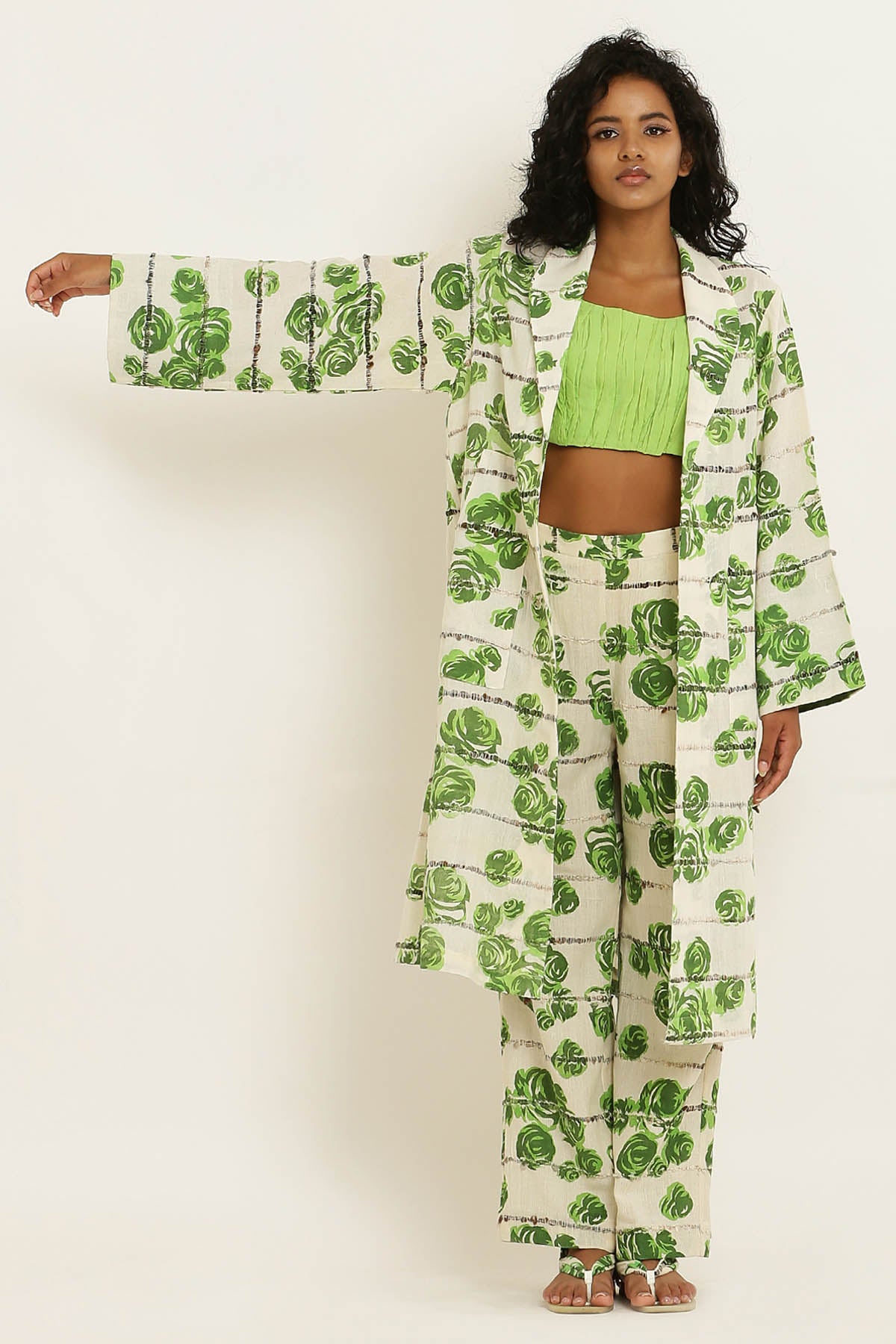 Green Rose Print Cotton Cape