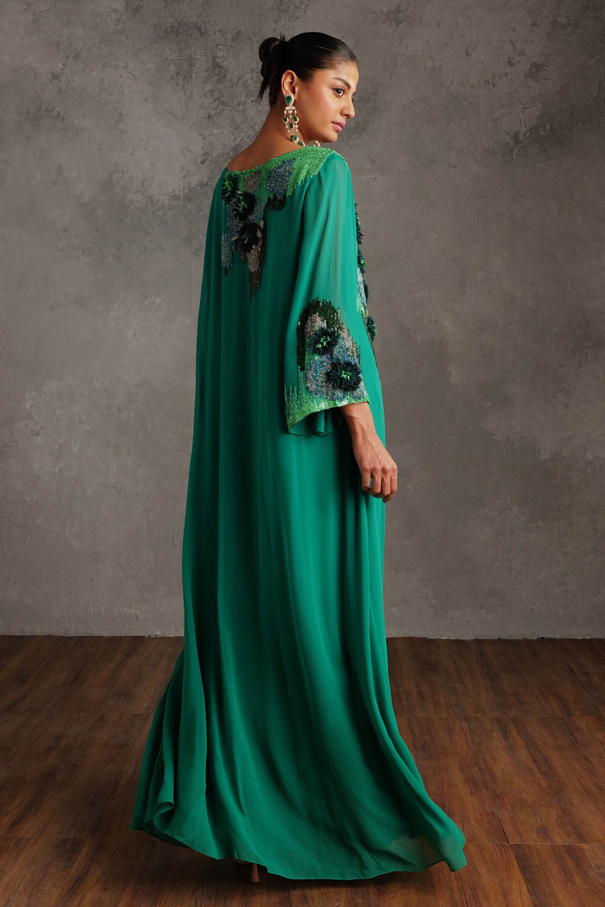 Green Sequins Embroidered Gown