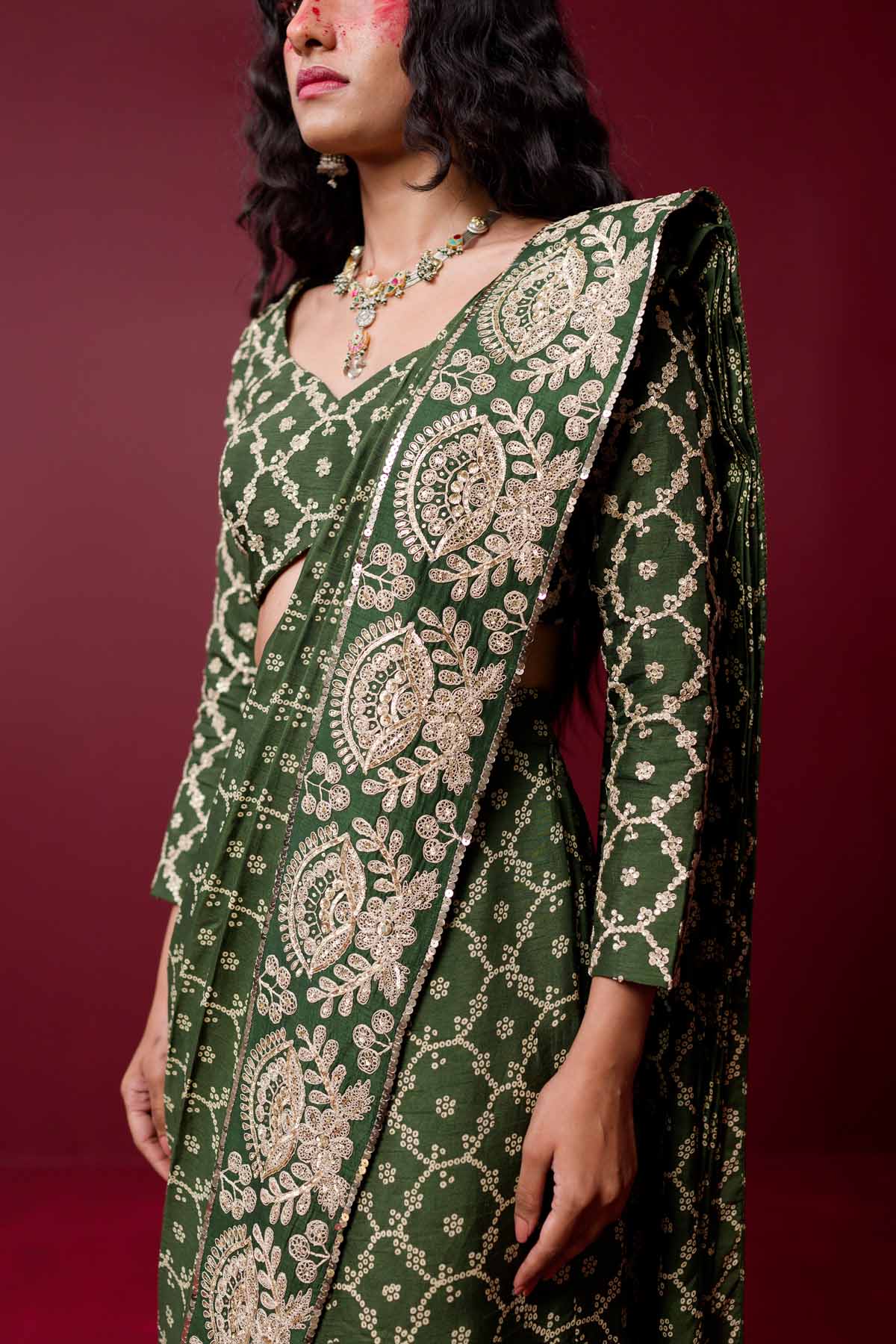 Green Sequins & Dori Saree Set