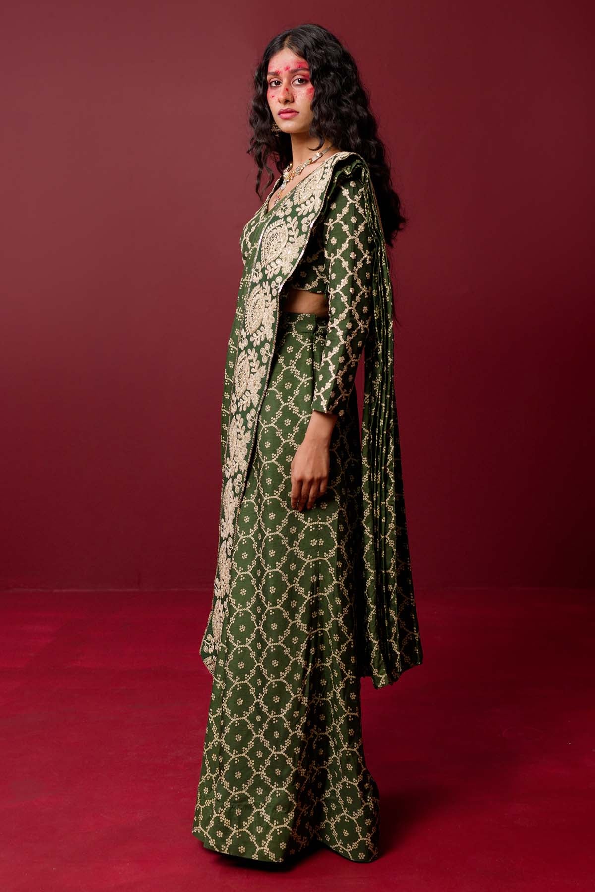 Green Sequins & Dori Saree Set