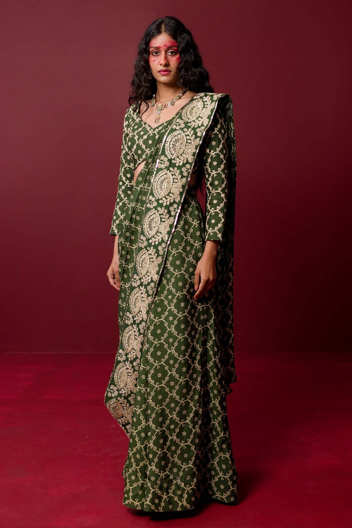 Green Sequins & Dori Saree Set