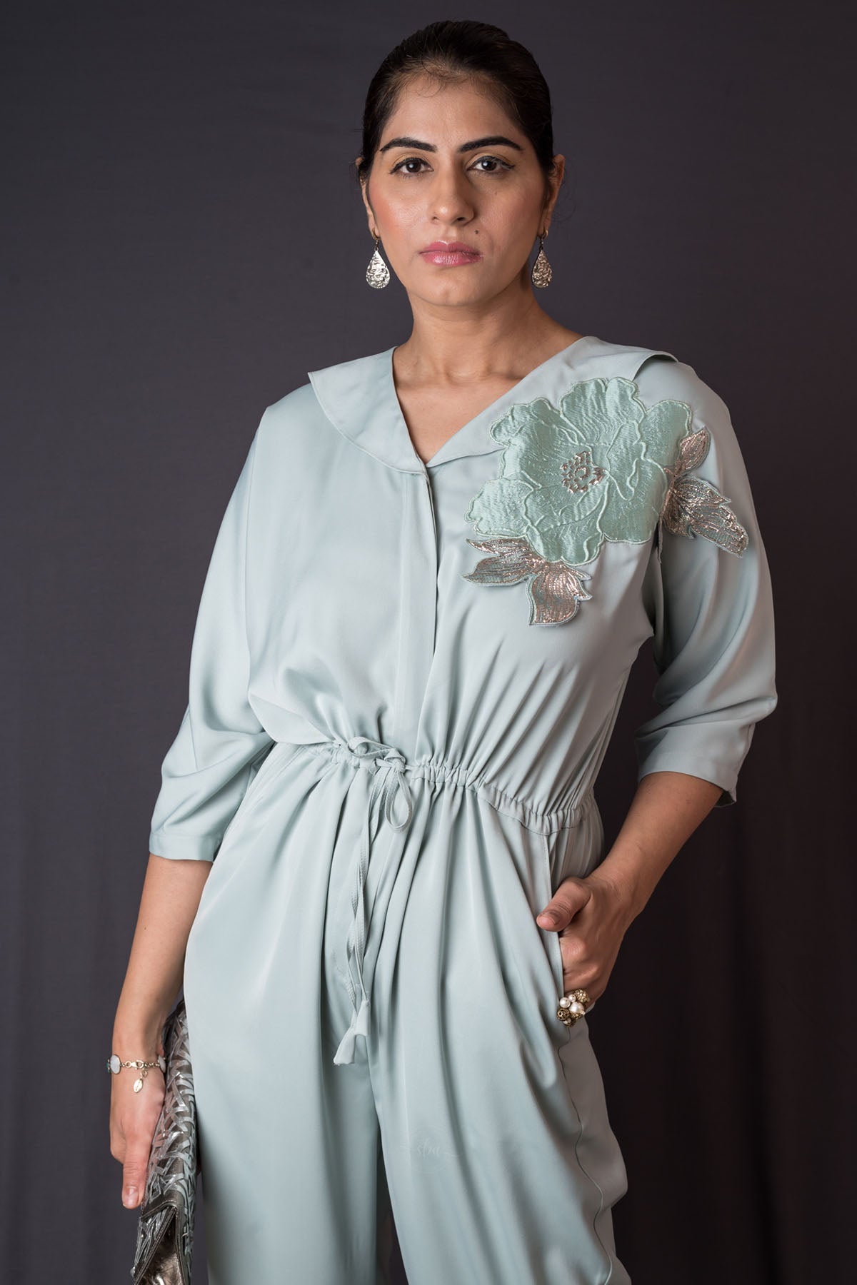 Green Silk Patchwork Jumpsuit