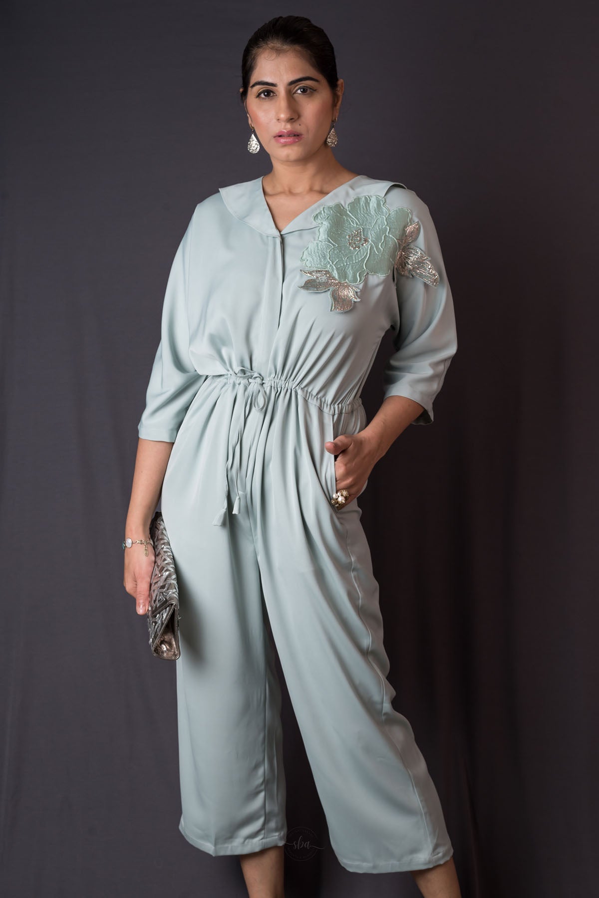 Green Silk Patchwork Jumpsuit