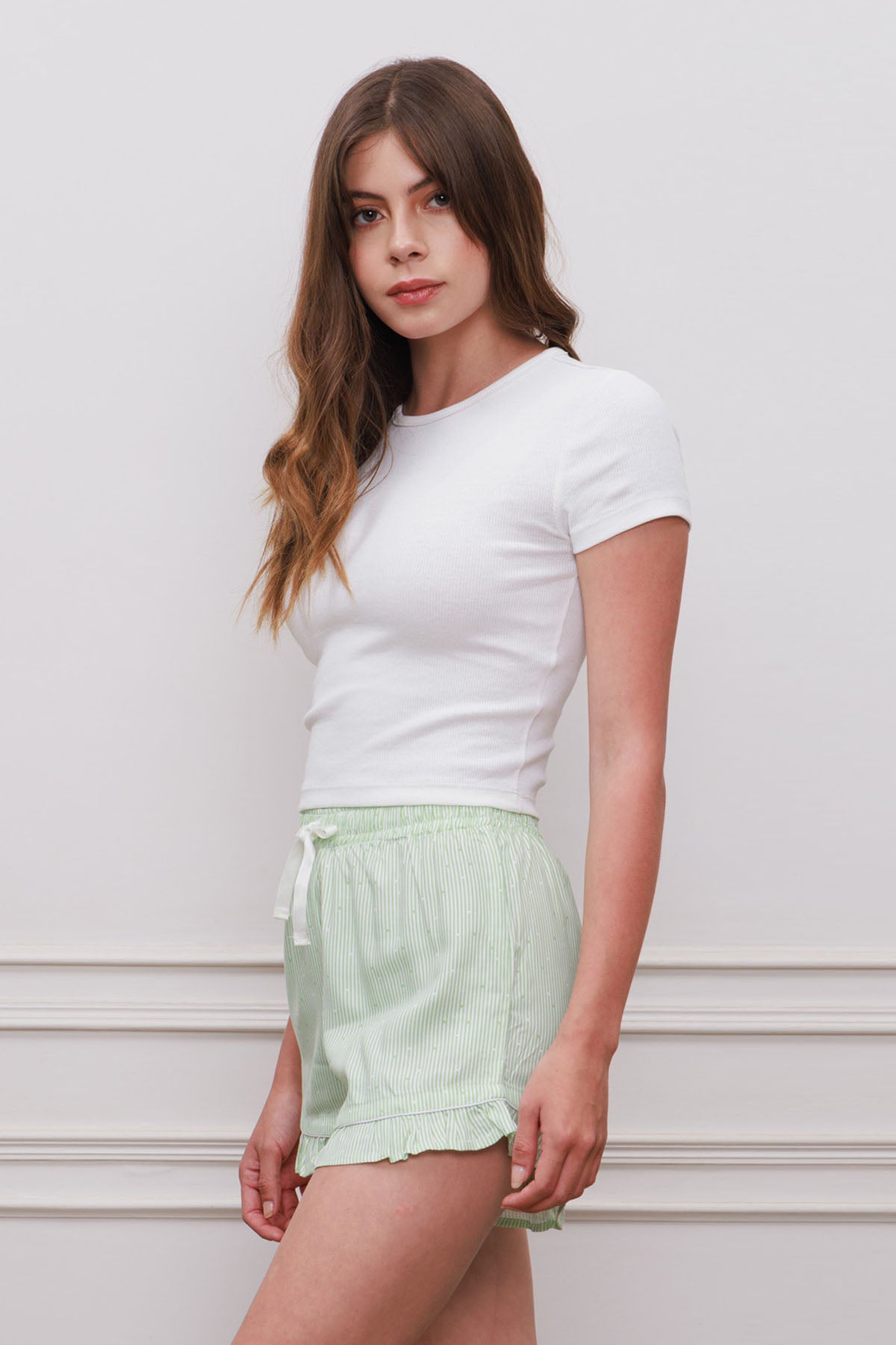Green Striped Ruffled Shorts