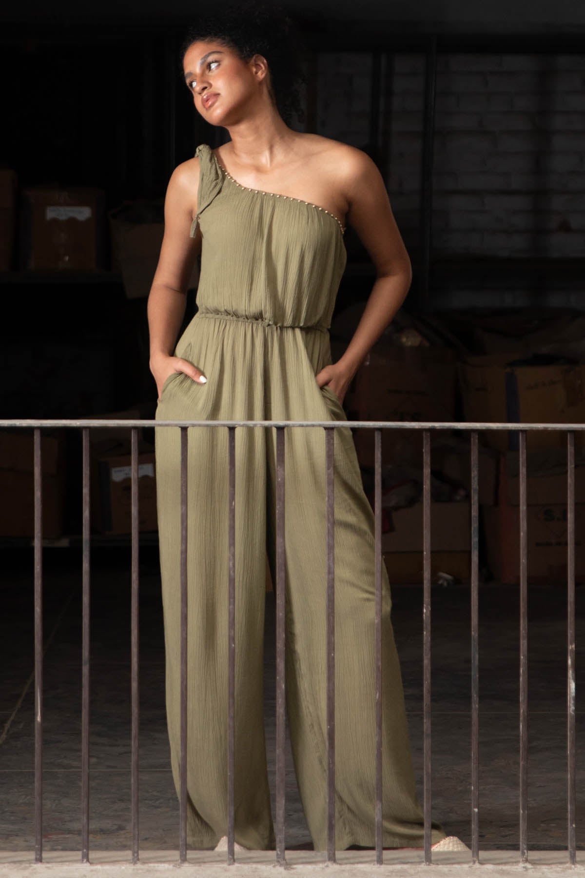 Green Tie Up Shoulder Jumpsuit