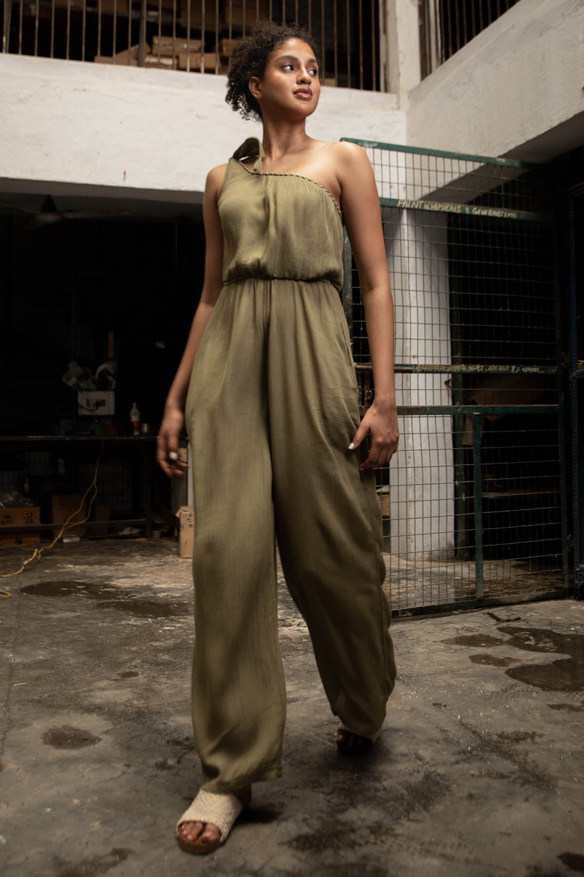Green Tie Up Shoulder Jumpsuit