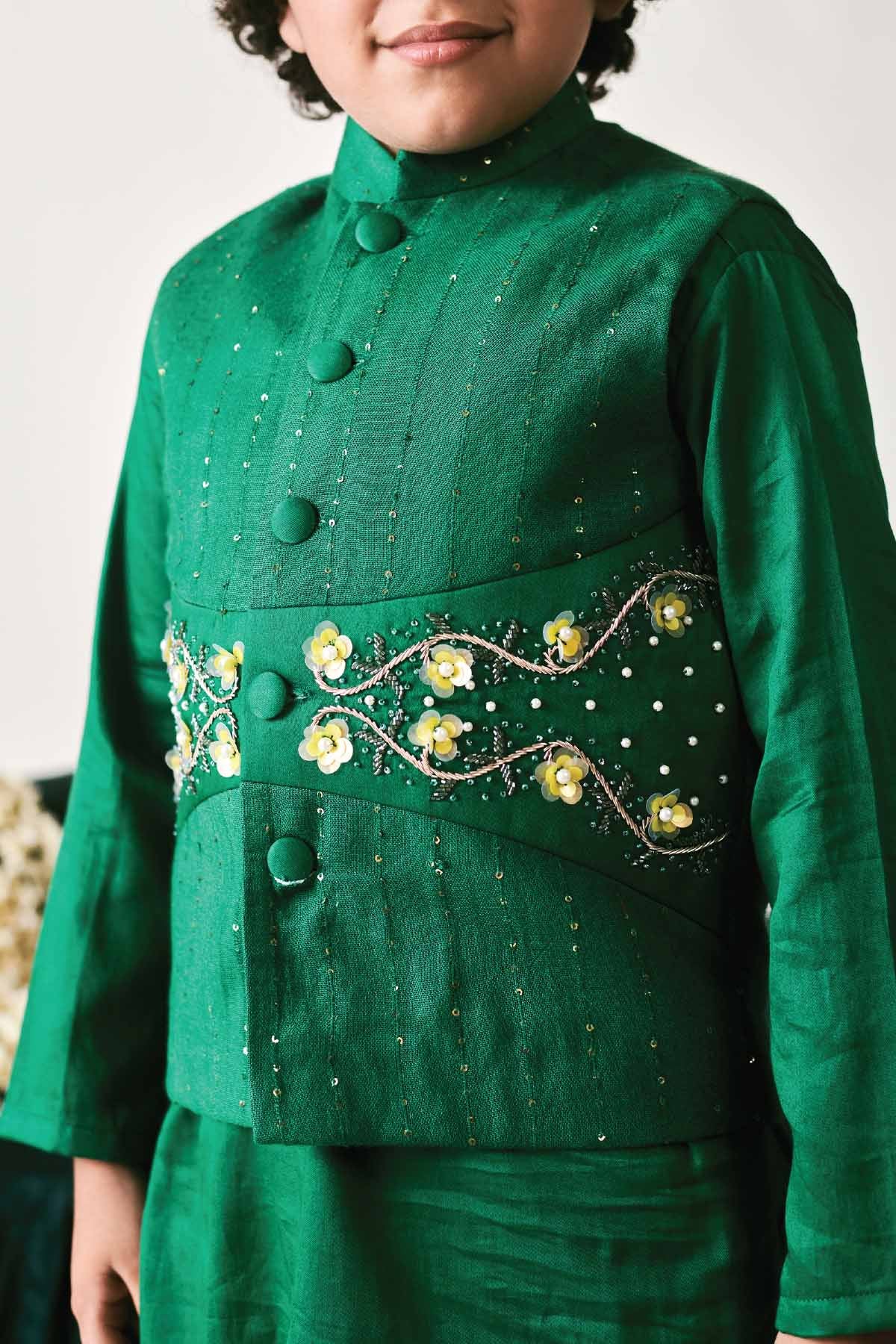 Green Vegan Silk Kurta & Jacket Set