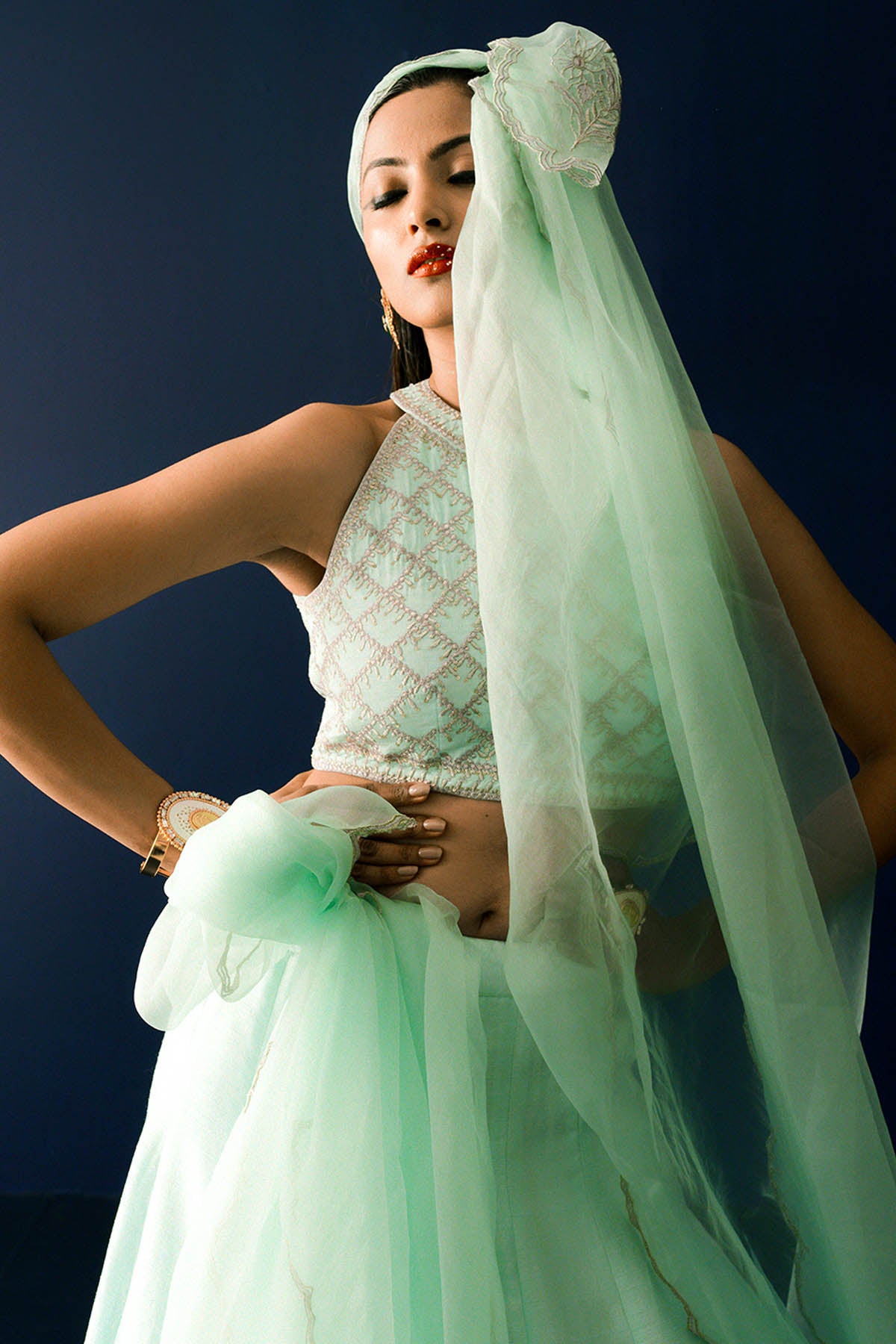 Green Zari & Pearl Lehenga Set