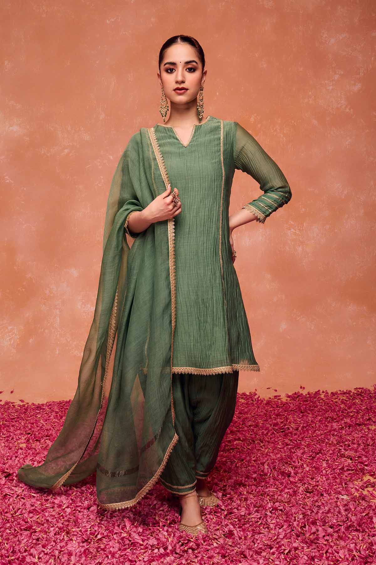 Buy Green A-Line Short Kurta Set by Dohr India for women online at ScrollnShops